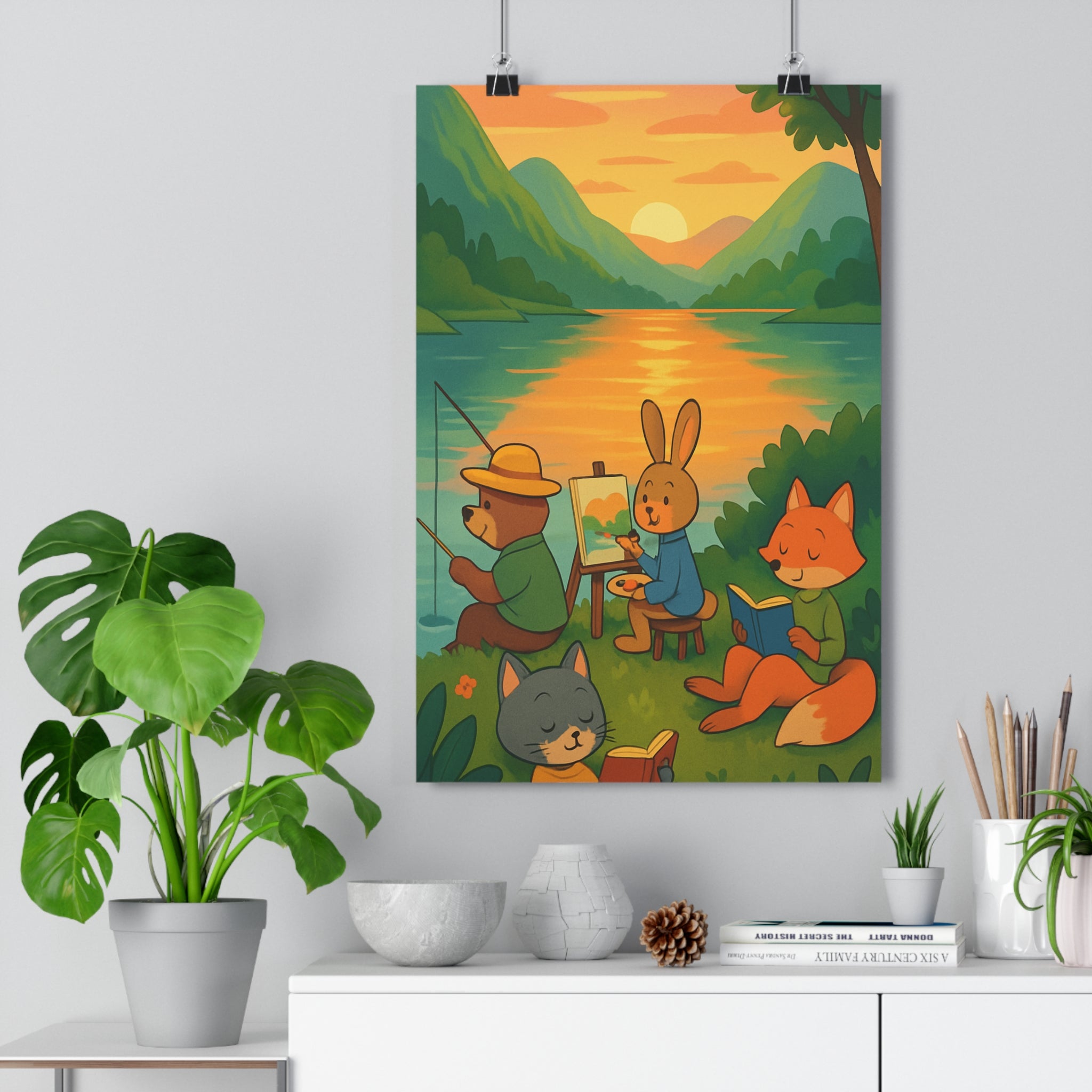 Poster décoratif paysage nature pastel coucher soleil animaux lecture calme salon chambre bureau qualité