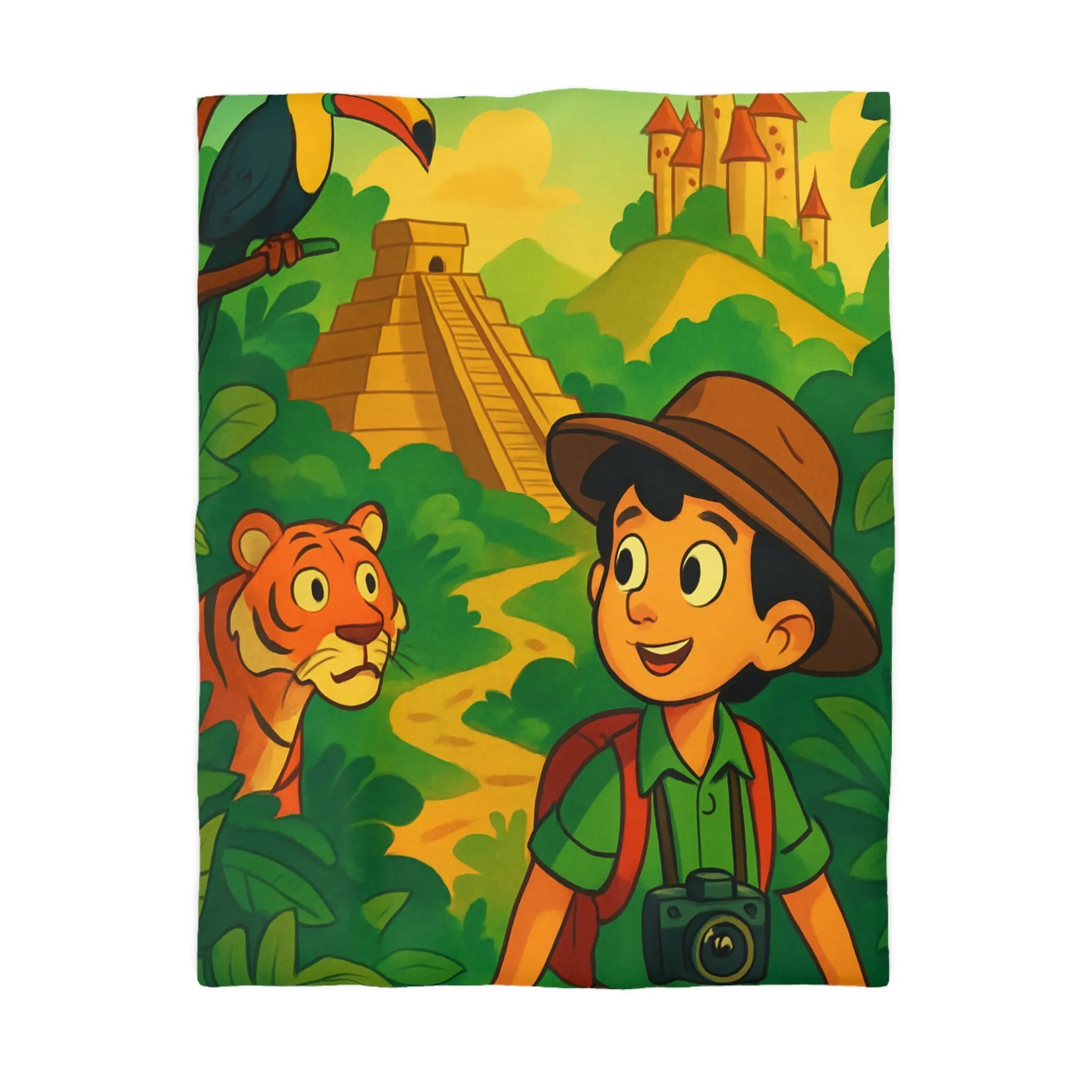 Housse de couette aventure jungle pour enfants avec château et animaux exotiques colorés