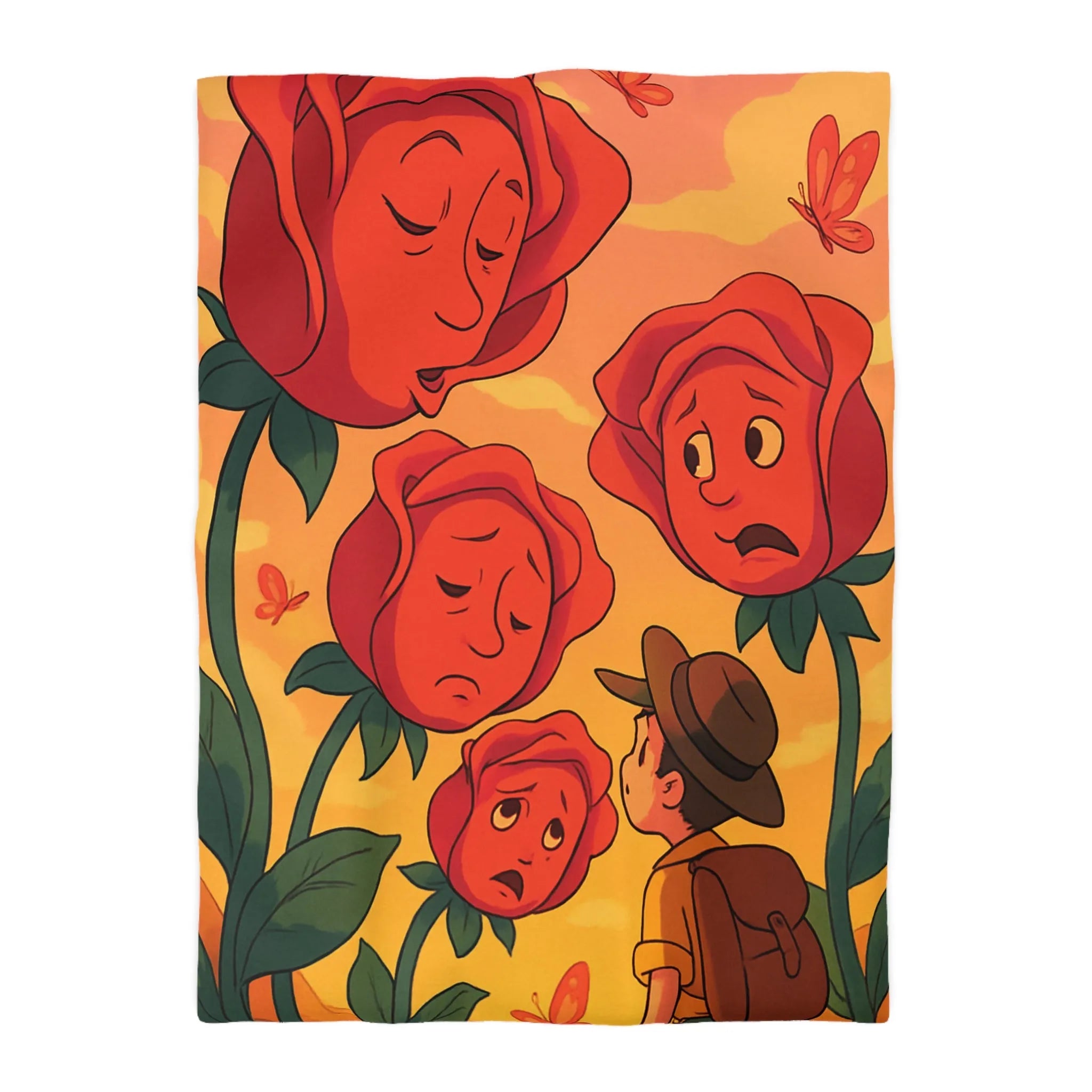 Housse de couette avec roses animées et papillons pour chambre douce et colorée