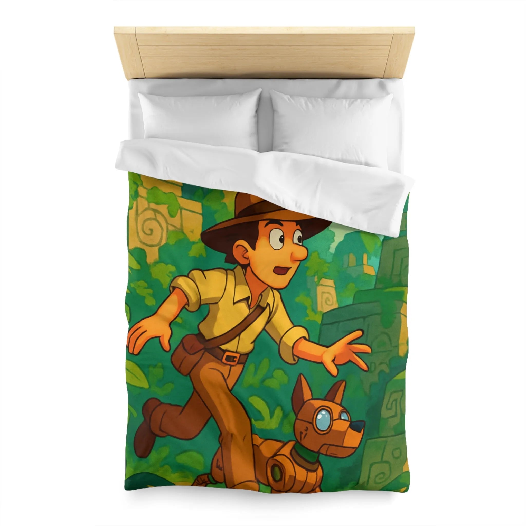 Housse de couette aventure jungle avec personnage explorateur et chien robotique animé