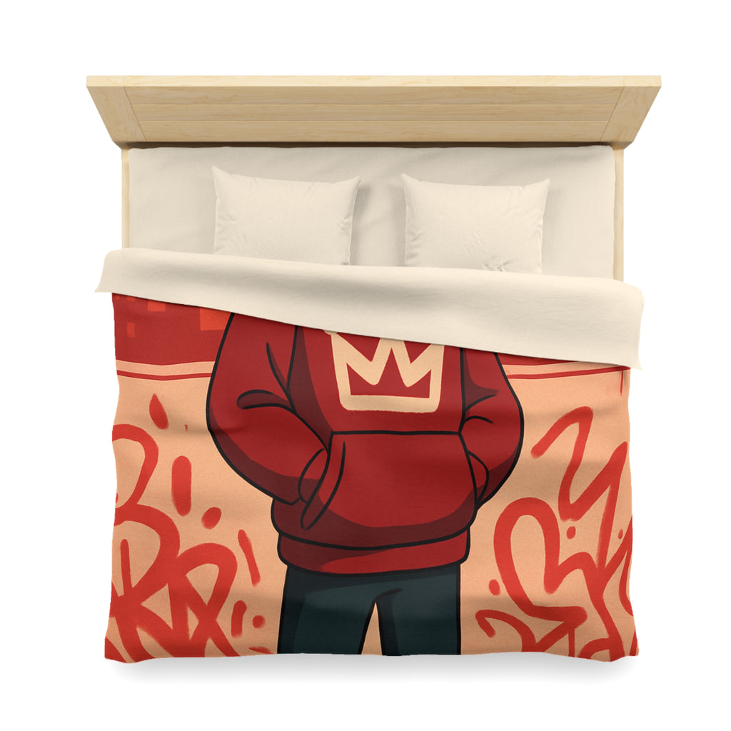Housse de couette urbaine rouge avec motif couronne et graffiti artistique moderne
