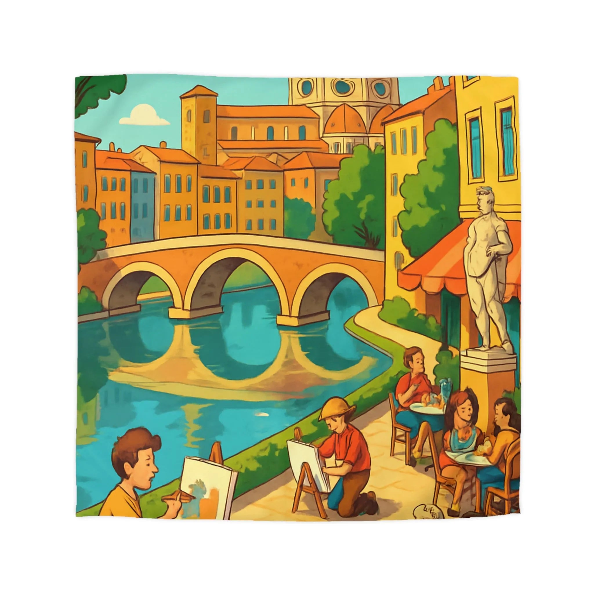 Housse de couette inspirée de ville artistique avec pont et cathédrale colorée