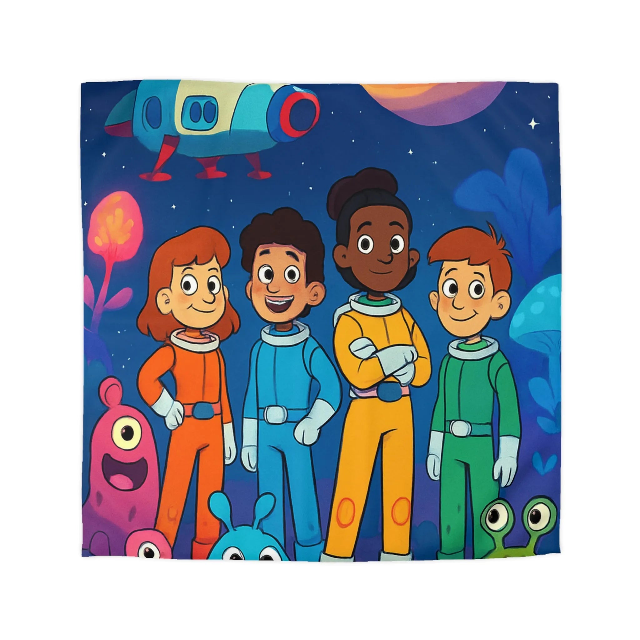 Housse de couette enfant astronaute avec planète, fusée et créatures extraterrestres colorées