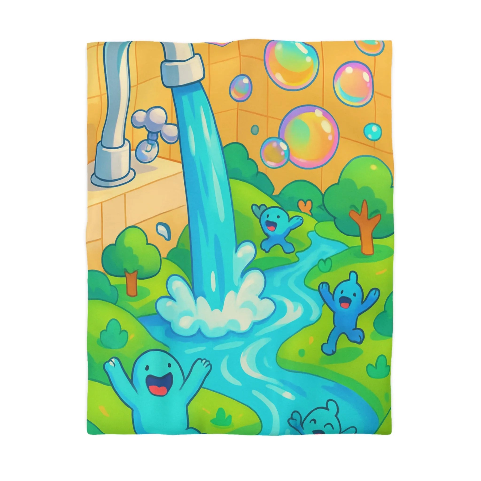 Housse de couette joyeuse avec créatures bleues, bulles et arc-en-ciel coloré