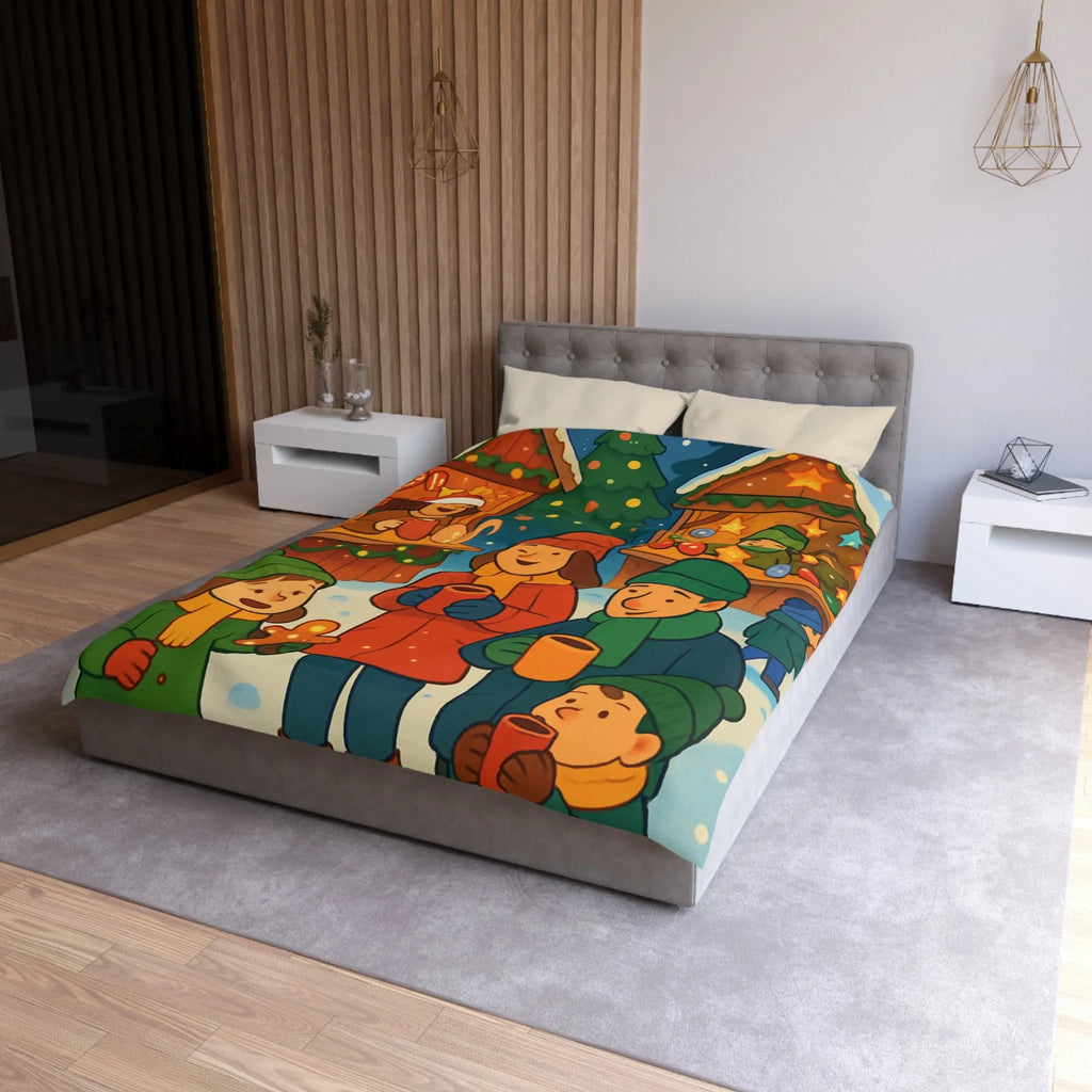 Housse de couette chaleureuse illustrant une scène festive de marché de Noël joyeux