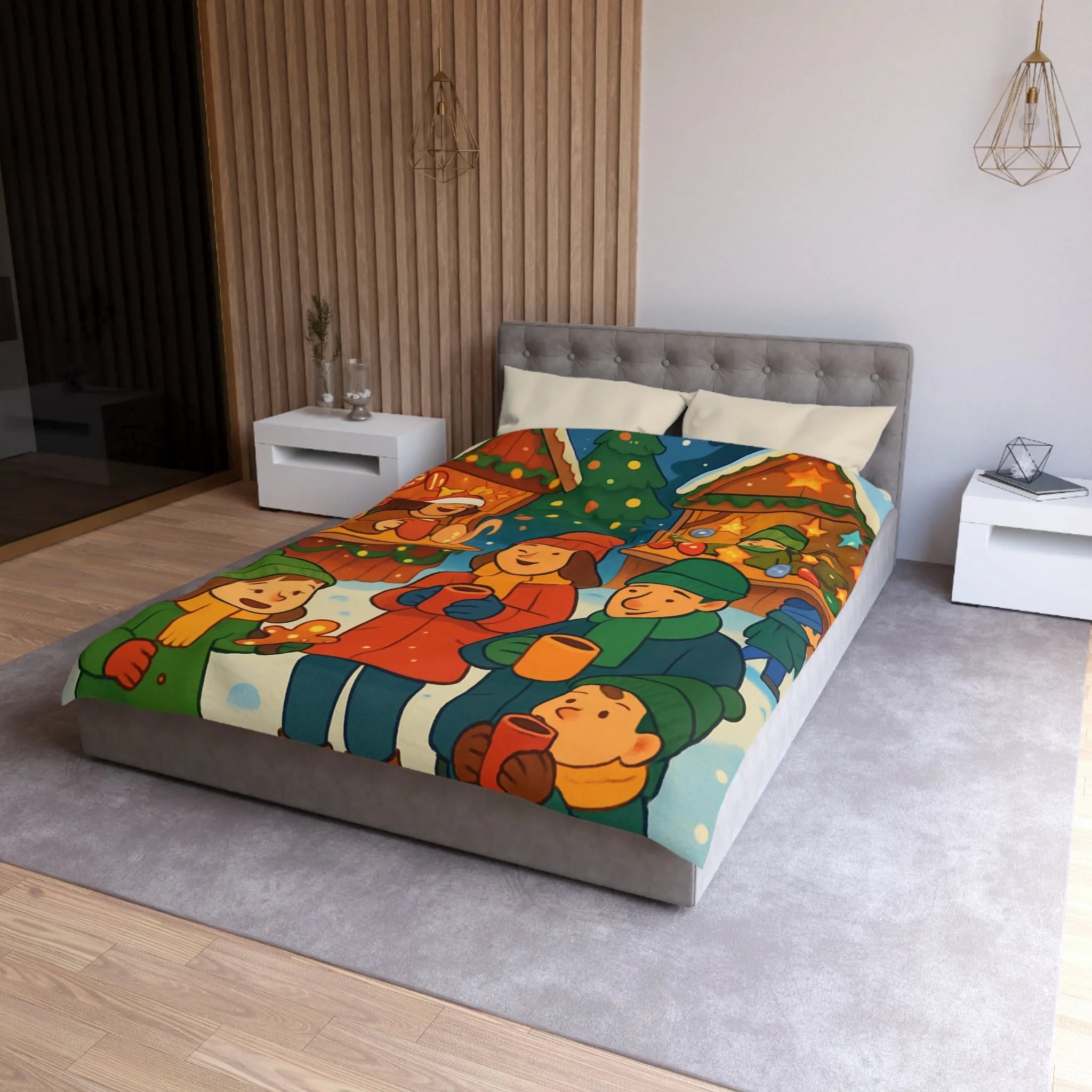 Housse de couette chaleureuse illustrant une scène festive de marché de Noël joyeux