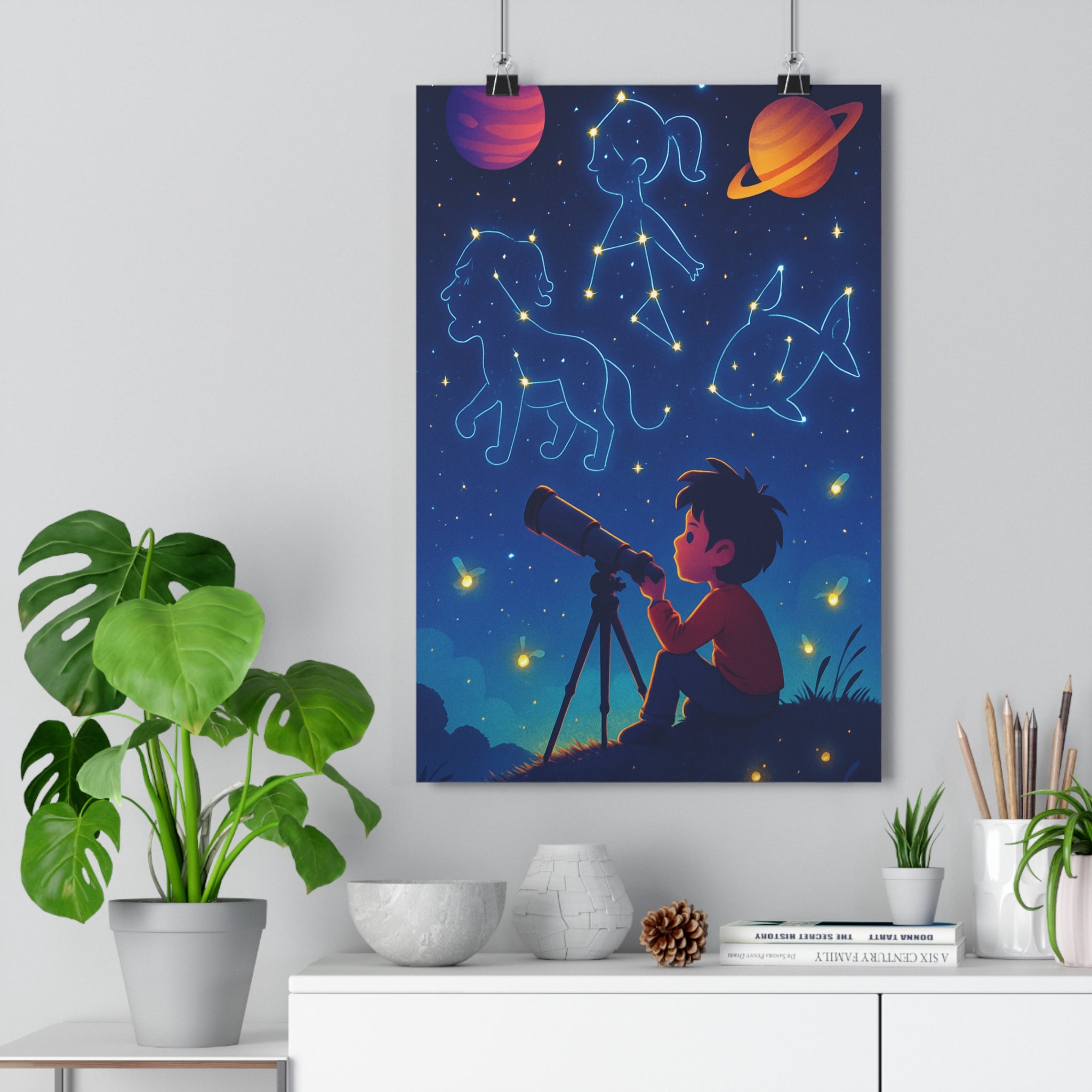 Poster décoratif nuit étoilée constellation magique enfant chambre illustration rêveuse colorée 30x46 cm ambiance