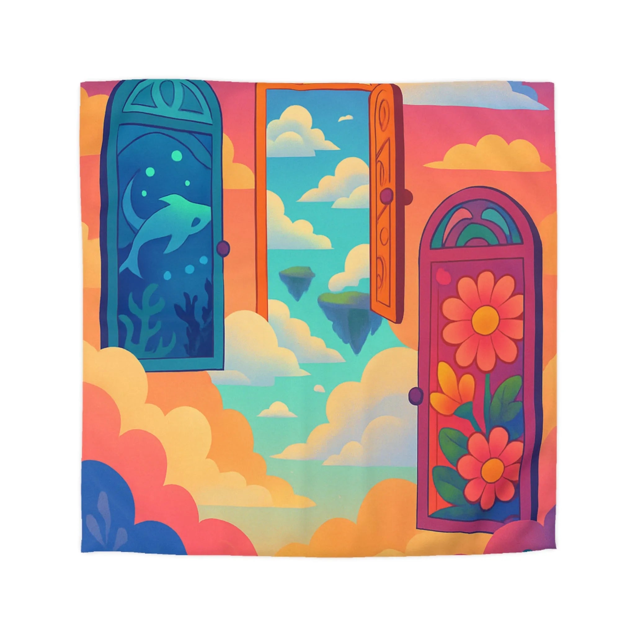 Housse de couette colorée avec trois portes magiques et paysages oniriques enchanteurs