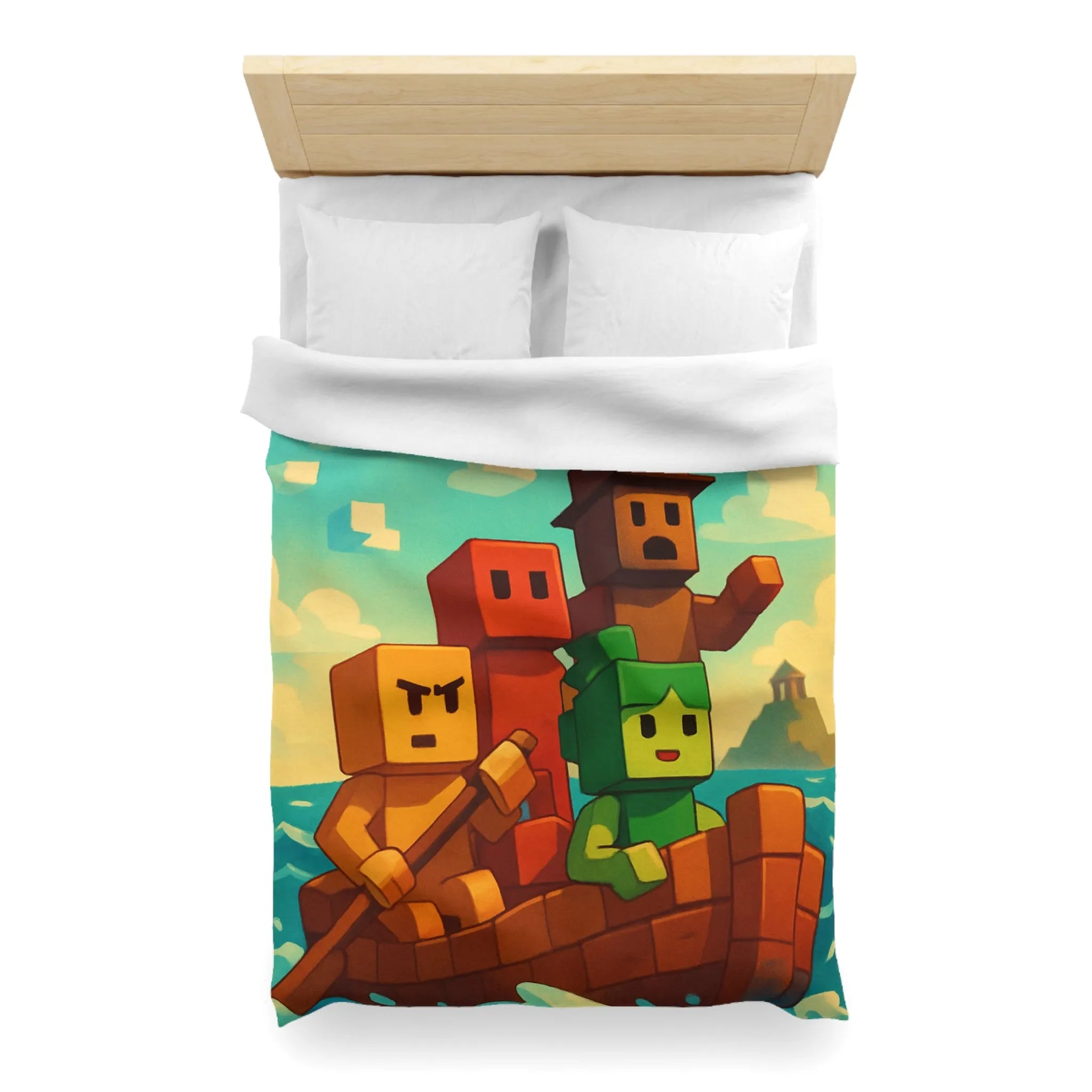 Housse de couette colorée avec personnages pixelisés sur un bateau en mer agité