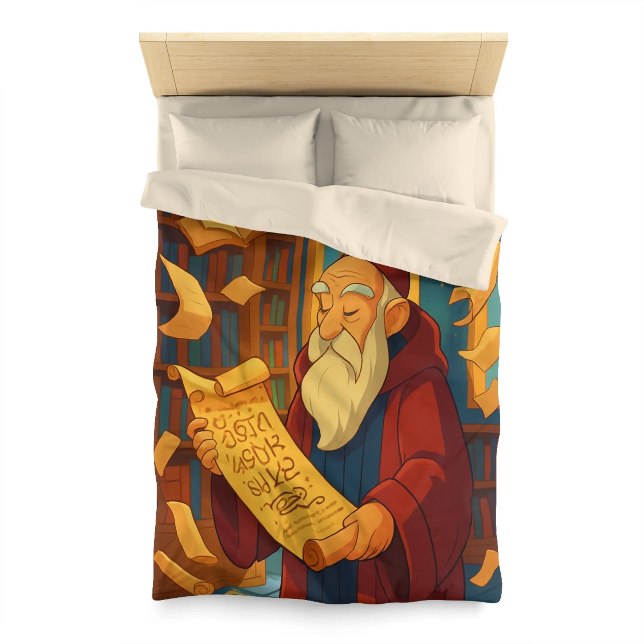 Housse de couette élégante avec design de bibliothèque, parchemins et sage en robe rouge