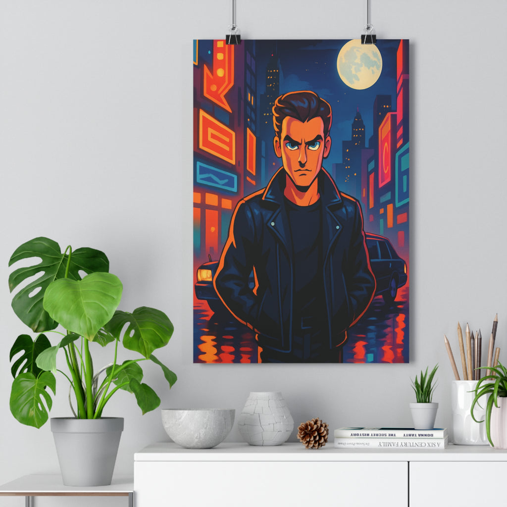 Poster décoratif moderne bleu orange urbain dynamique chambre salon lumière ambiance personnage néons qualité