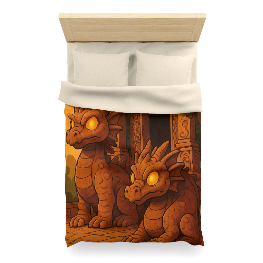 Housse de couette avec dragons en pierre ornant un temple ancien au crépuscule
