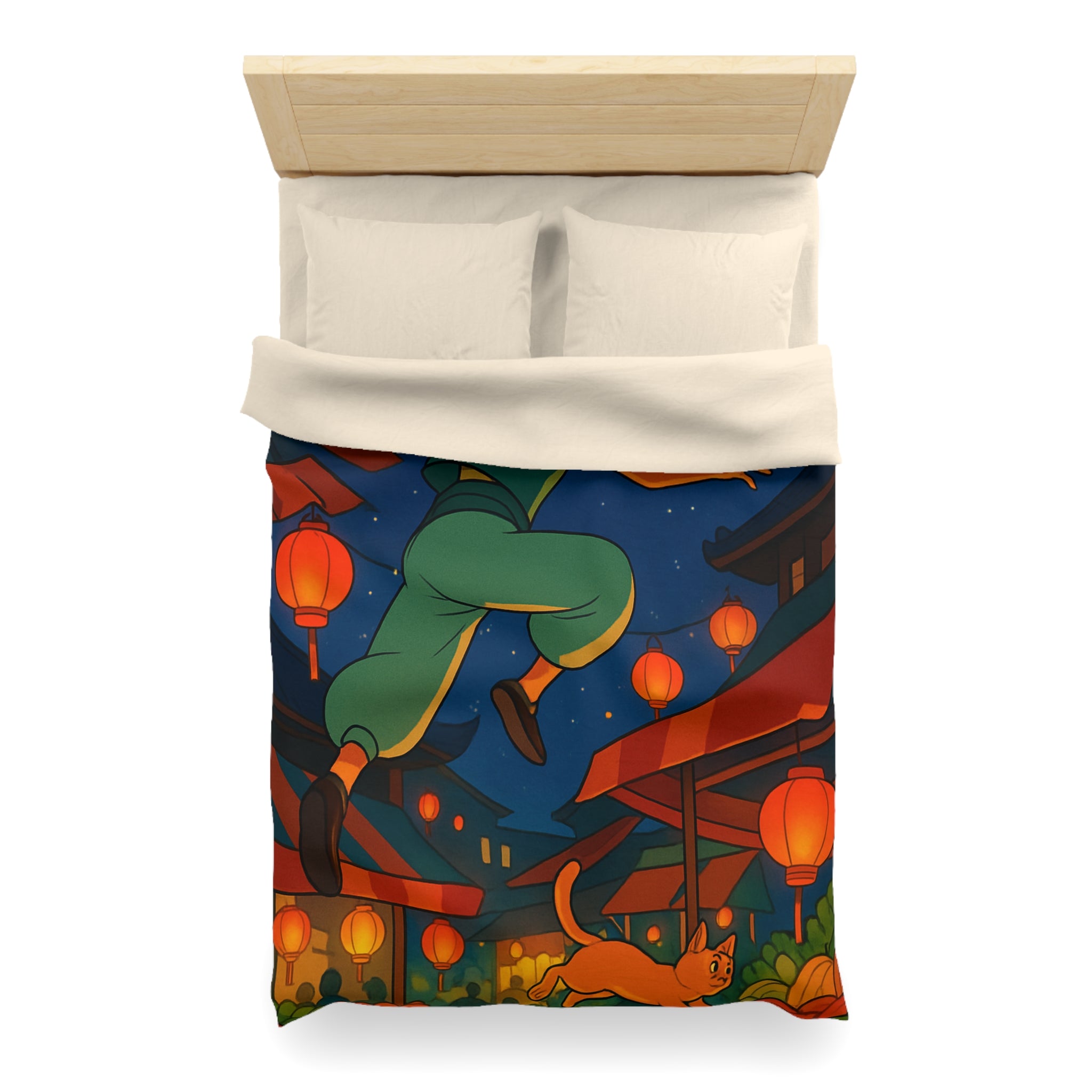 Housse de couette vibrante inspirée d'une scène de marché asiatique nocturne étoilé