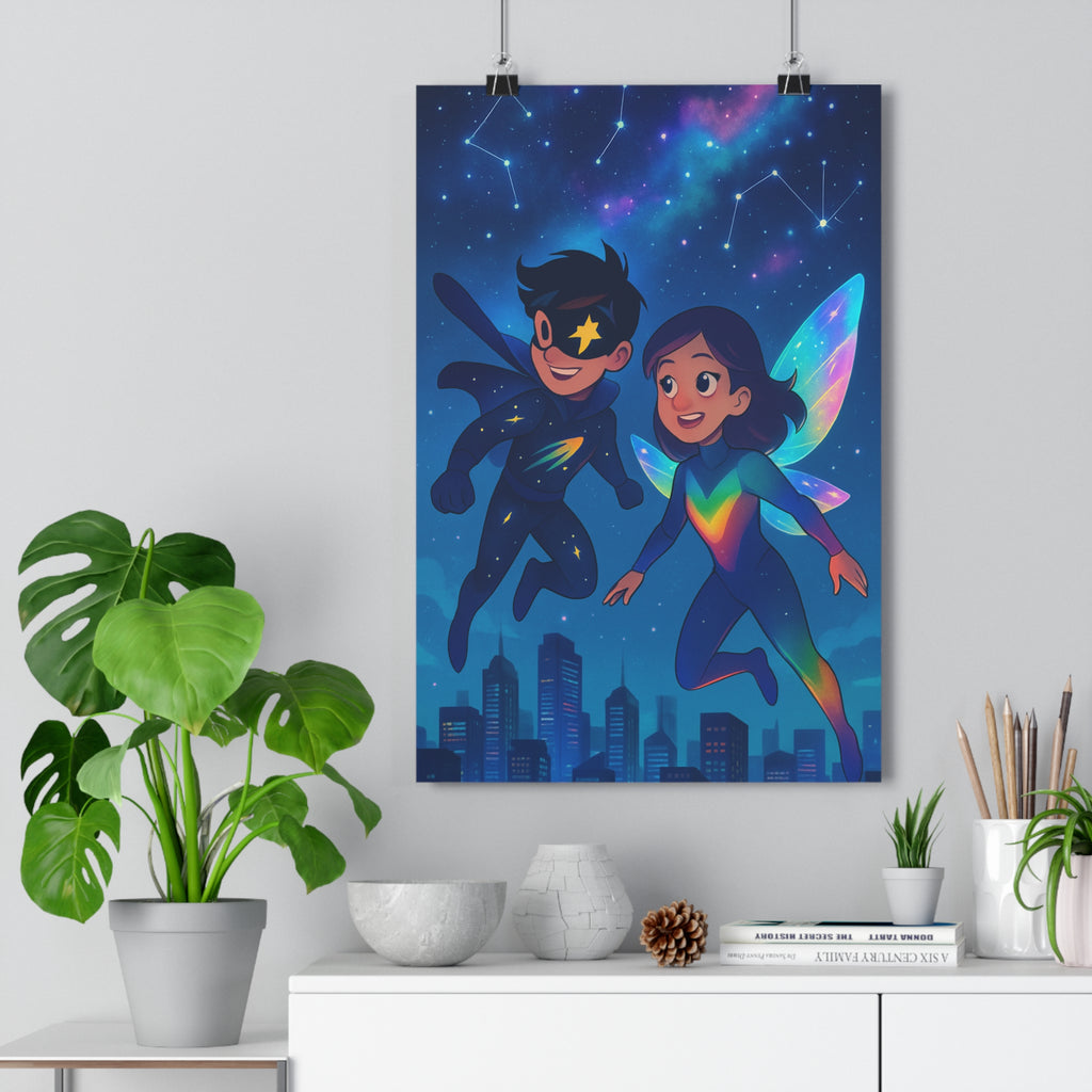 Poster décoratif animé coloré moderne ciel étoilé magique chambre enfant aventure constellation ambiance lumineuse