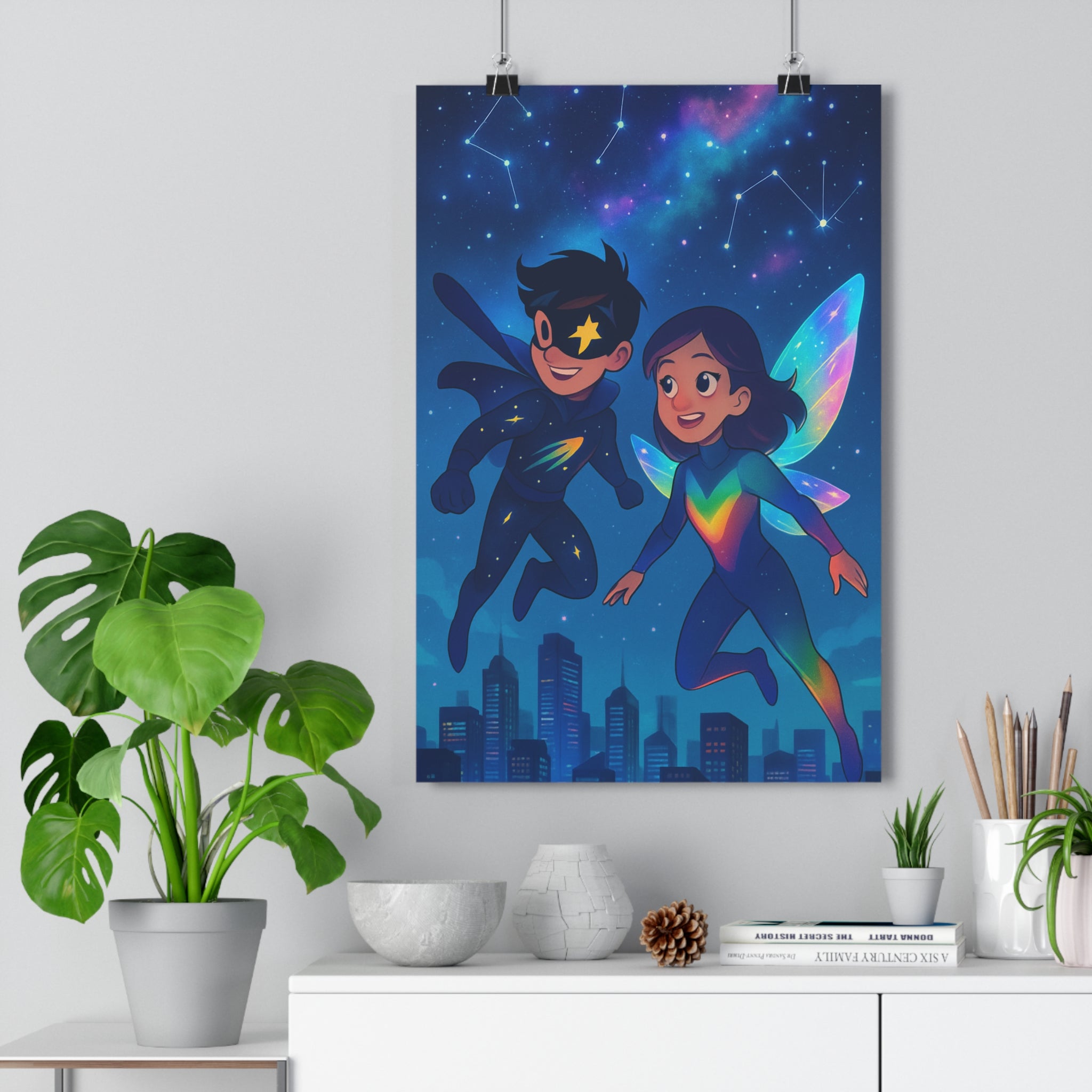 Poster décoratif animé coloré moderne ciel étoilé magique chambre enfant aventure constellation ambiance lumineuse