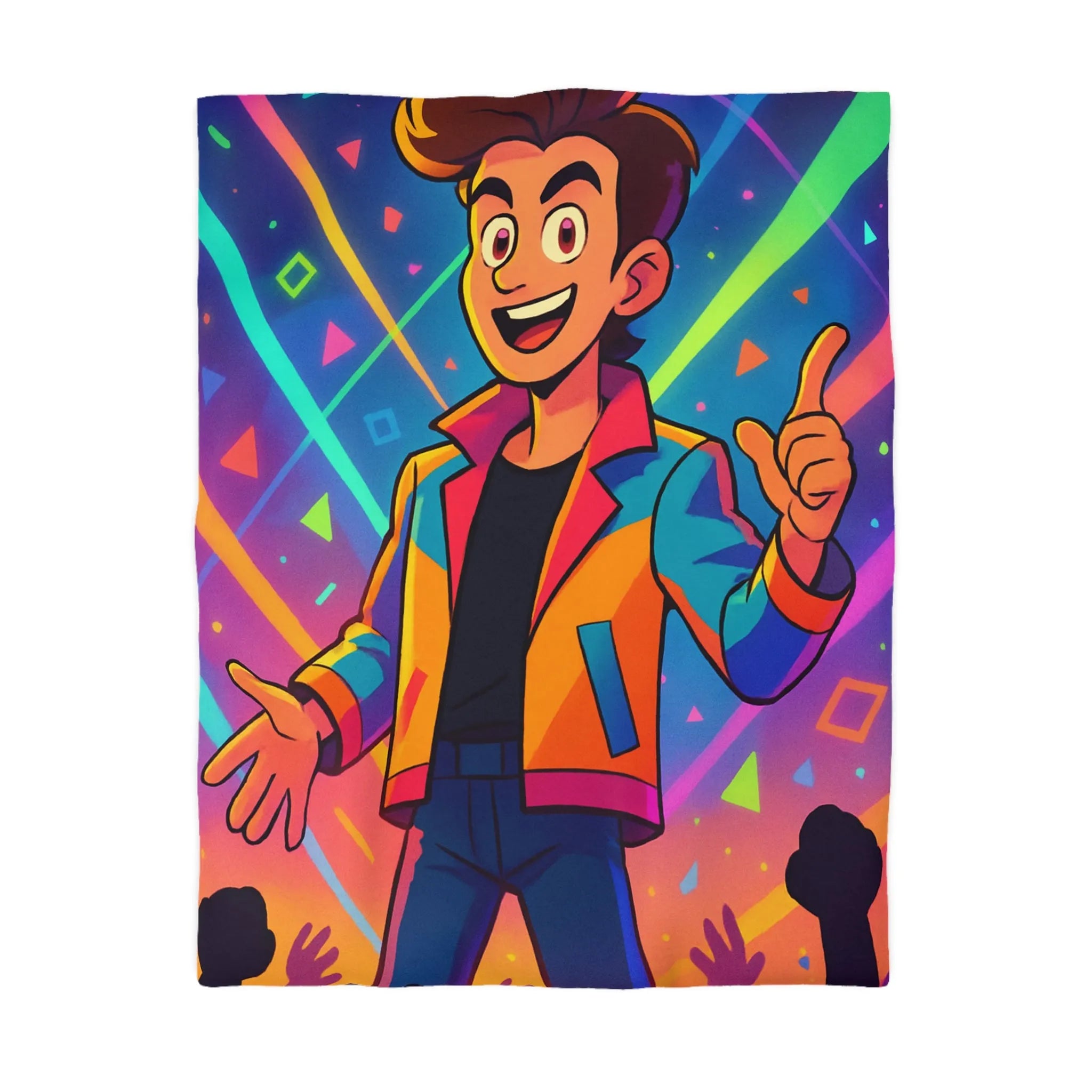 Housse de couette colorée avec personnage animé, haute énergie, motifs géométriques vibrants