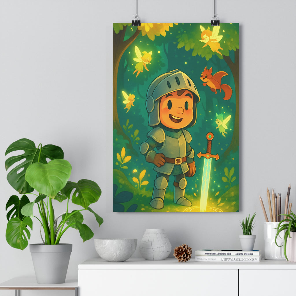 Poster décoratif féérique vert jaune aventure magique enfant chambre lumineux enchanteur chevalier forêt épée