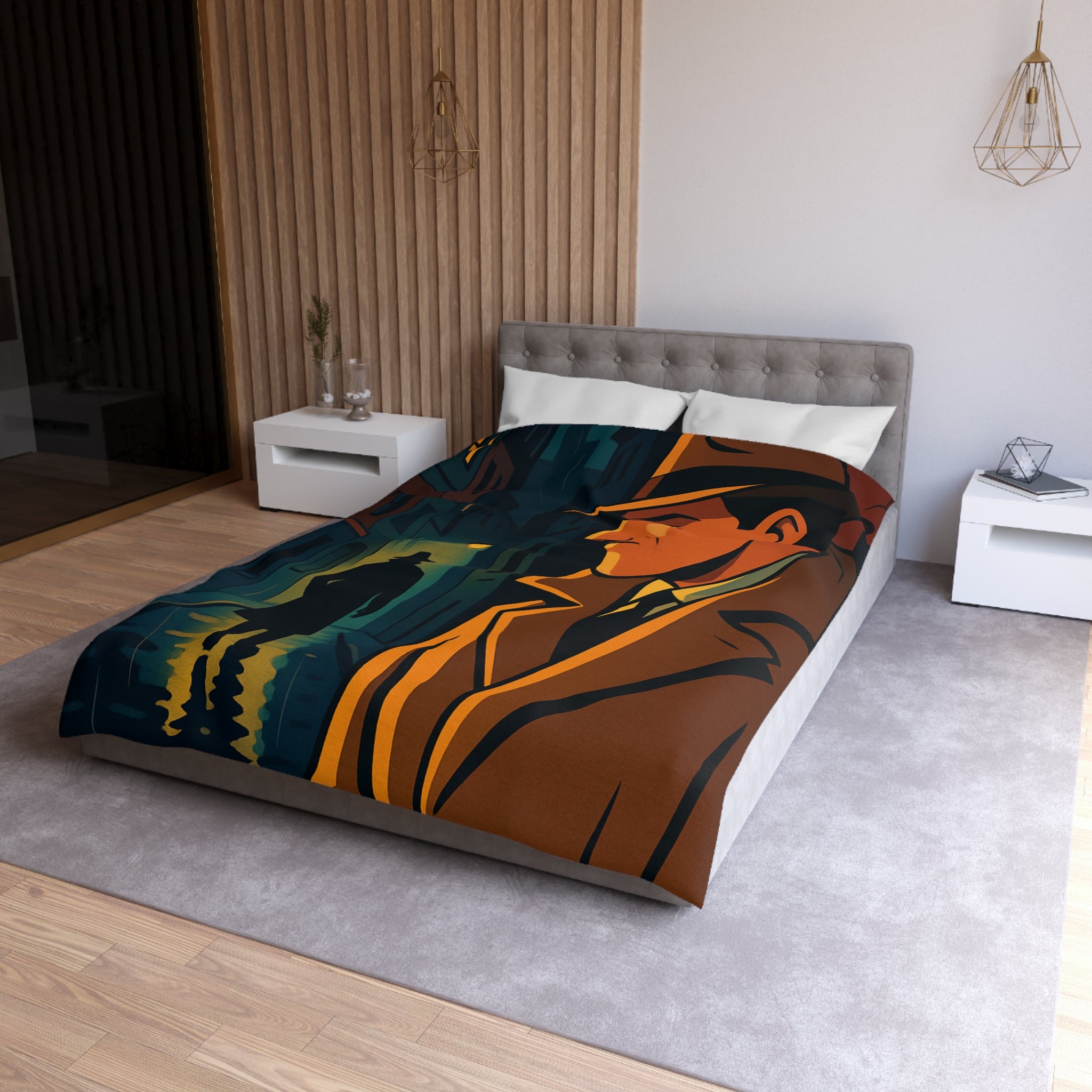 Housse de couette vintage style détective film noir avec scène de rue mystérieuse