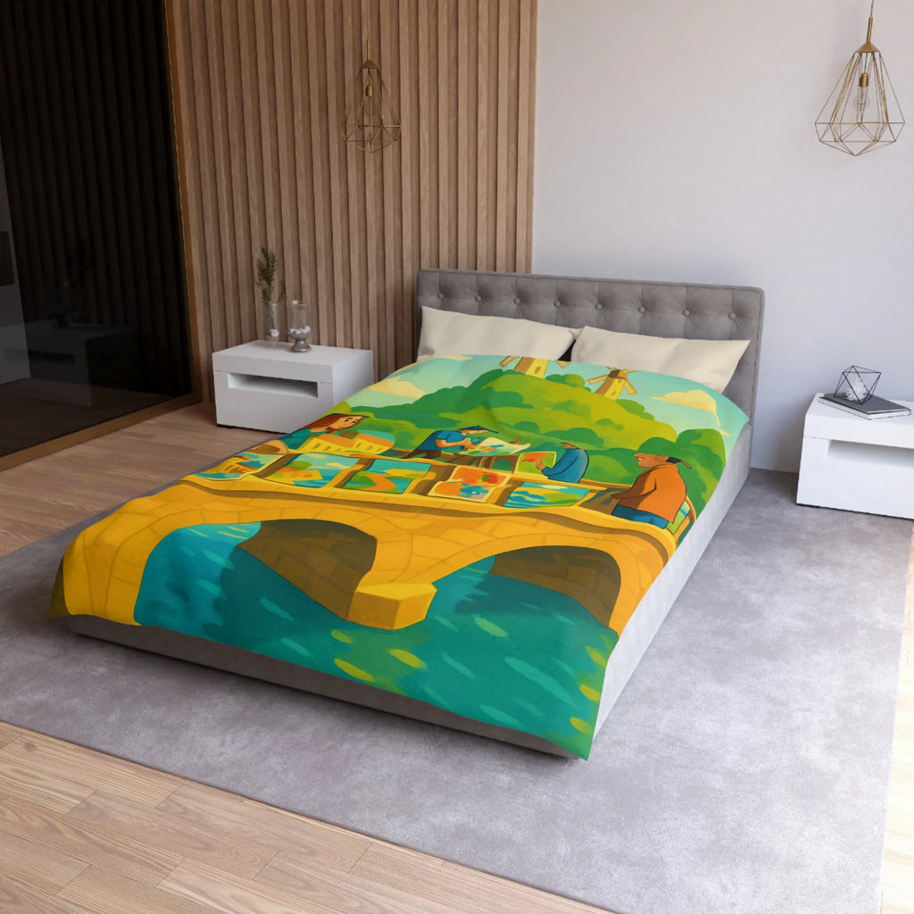 Housse de couette colorée thème pont artistique avec moulins à vent et paysage