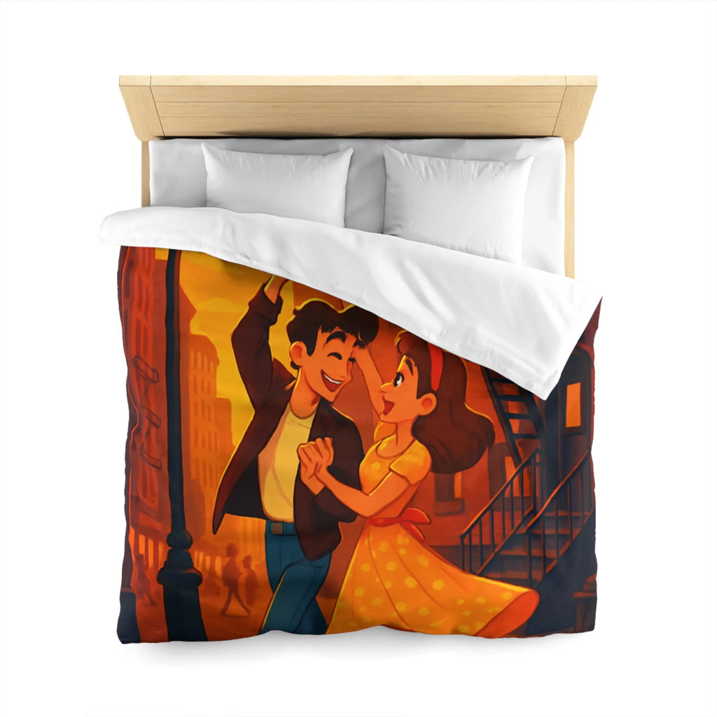 Danse romantique rétro sous réverbère vintage, ambiance urbaine crépusculaire charmante et nostalgique