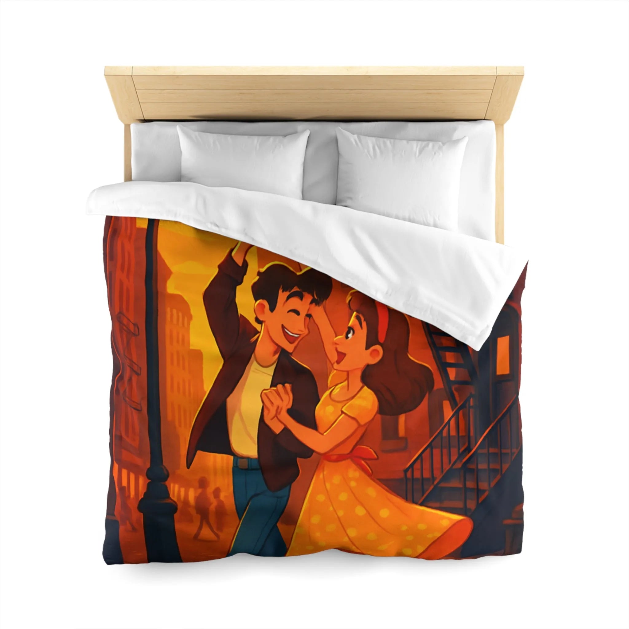 Danse romantique rétro sous réverbère vintage, ambiance urbaine crépusculaire charmante et nostalgique