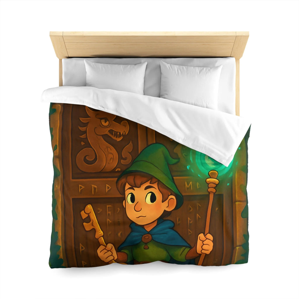 Housse de couette avec illustration enchantée de sorcier devant porte mystérieuse boisée
