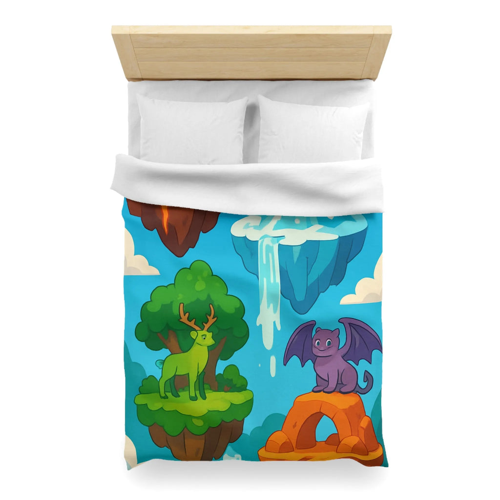 Housse de couette fantasy avec îles flottantes et créatures magiques colorées