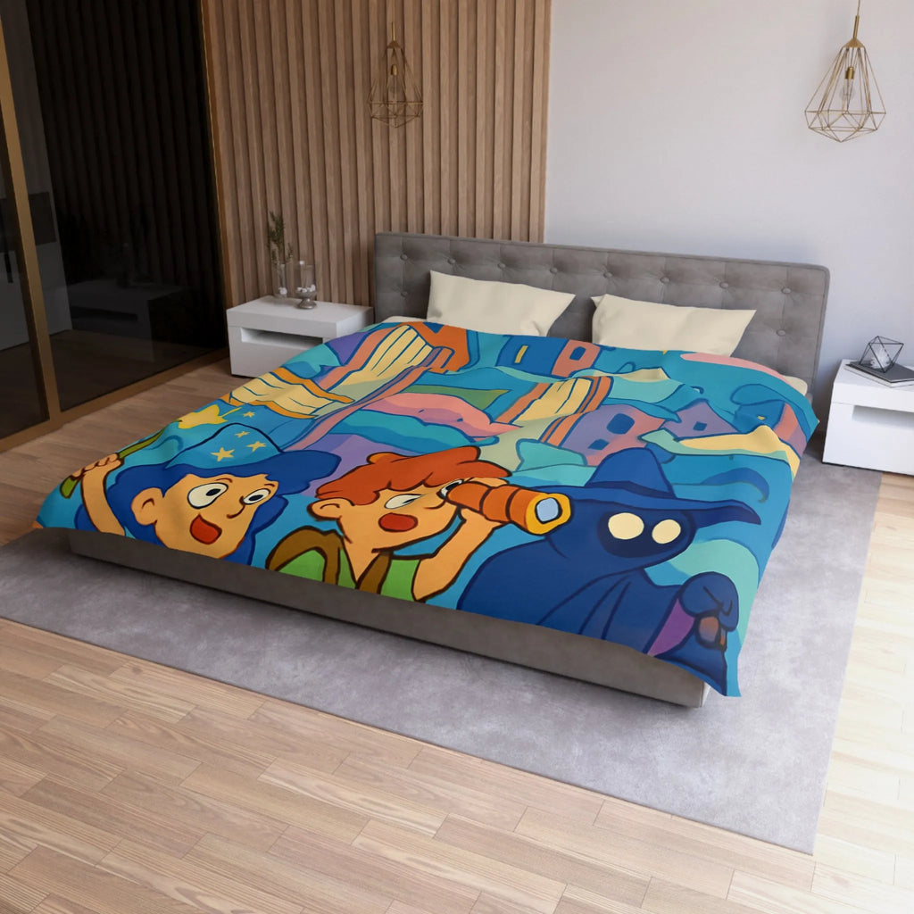 Housse de couette magique enfants avec illustration de sorcier, château et ciel étoilé