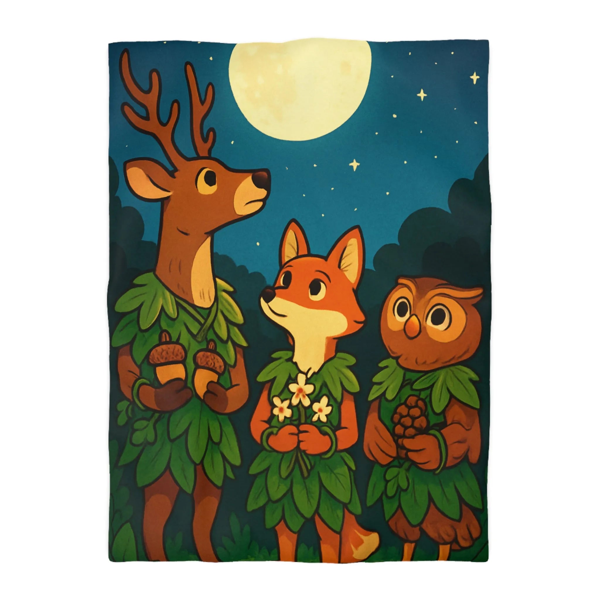 Housse de couette animalière magique avec cerf, renard et hibou sous la pleine lune