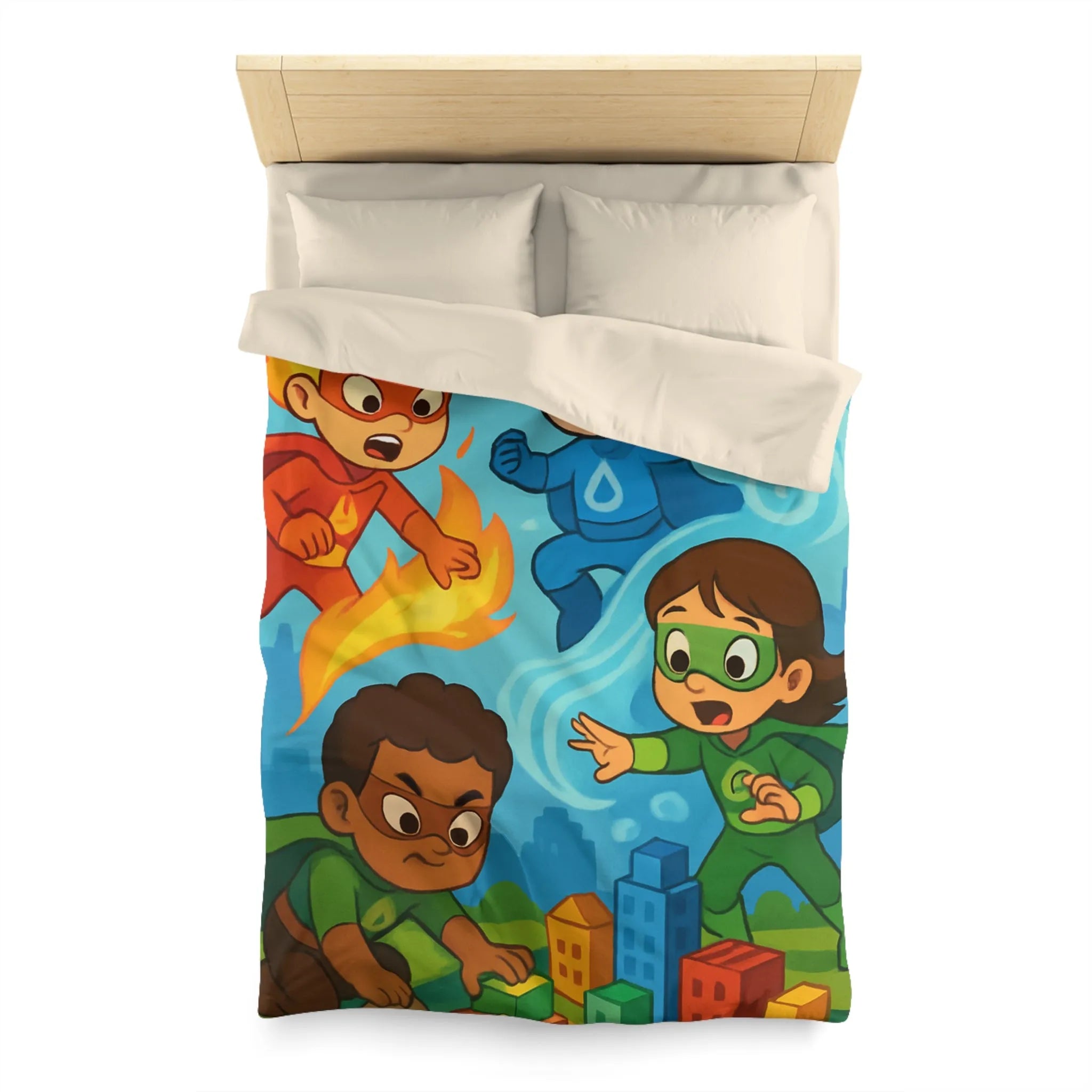 Housse de couette enfant avec super-héros colorés en action dans une ville imaginaire