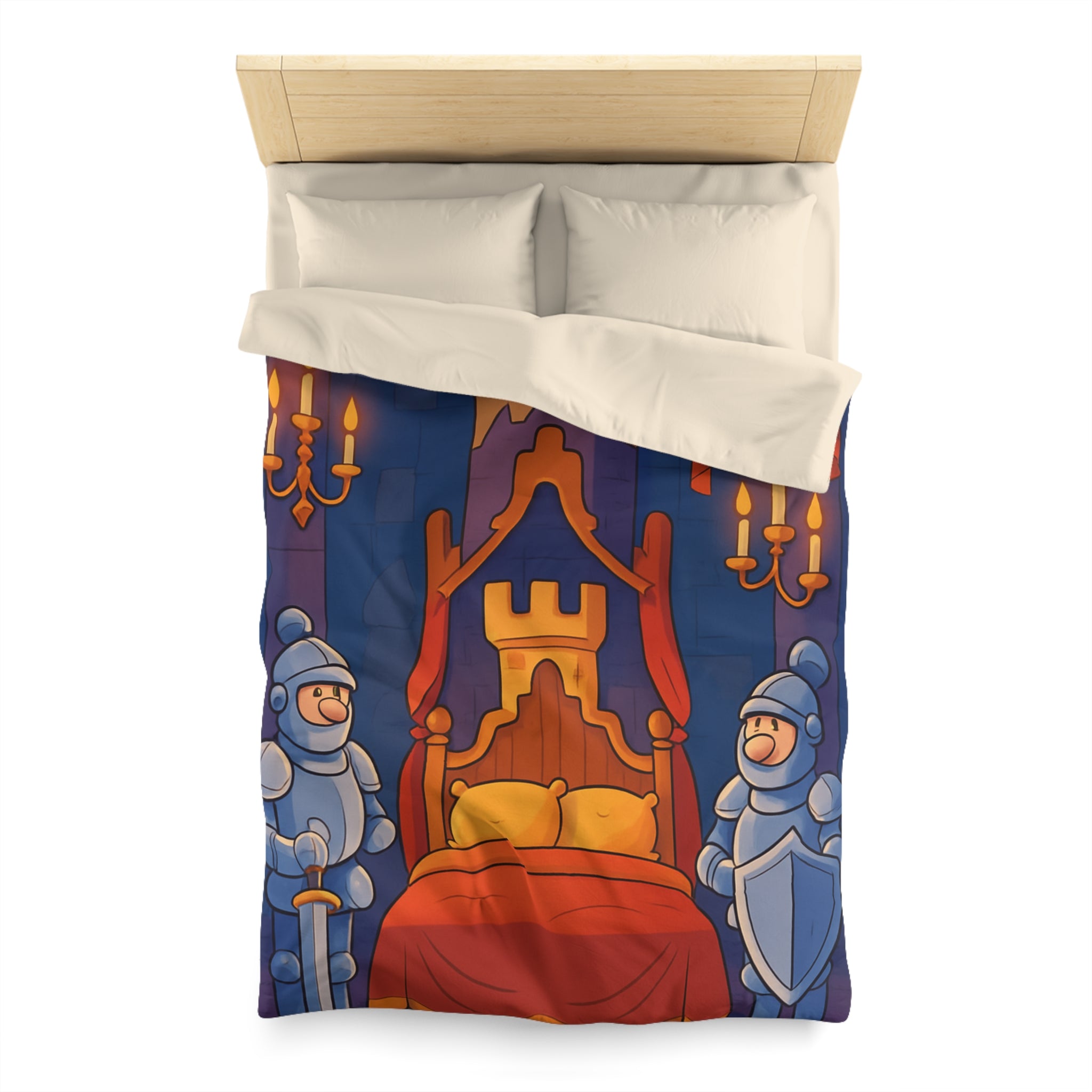 Housse de couette style médiéval avec chevaliers et lit à baldaquin animé