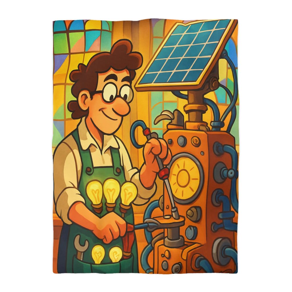 Housse de Couette Illustre Inventeur avec Machine Énergétique et Vitrail Coloré Artistique