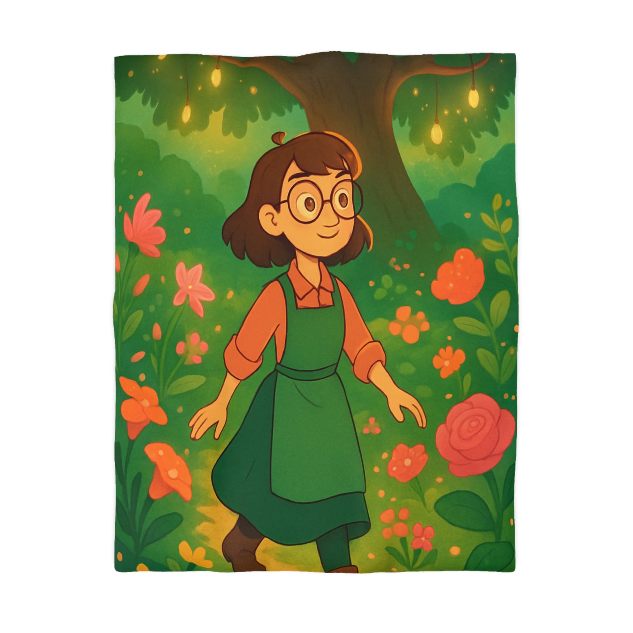 Housse de Couette Motif Pastoral Fille Promenade Fleurie Arbre Lumières Magie Enchantée