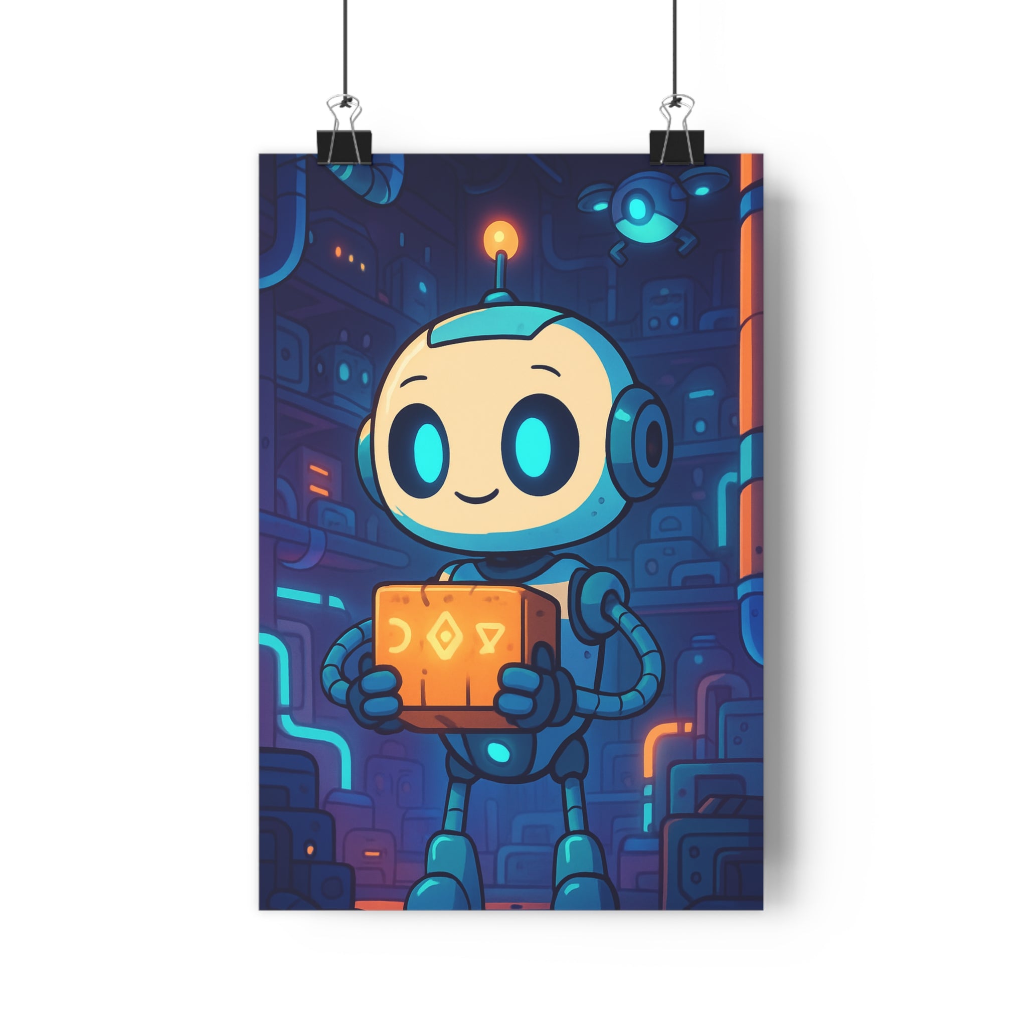 Poster décoratif cartoon robot bleu orange technologie enfant chambre bureau futuriste sourire style 30x46