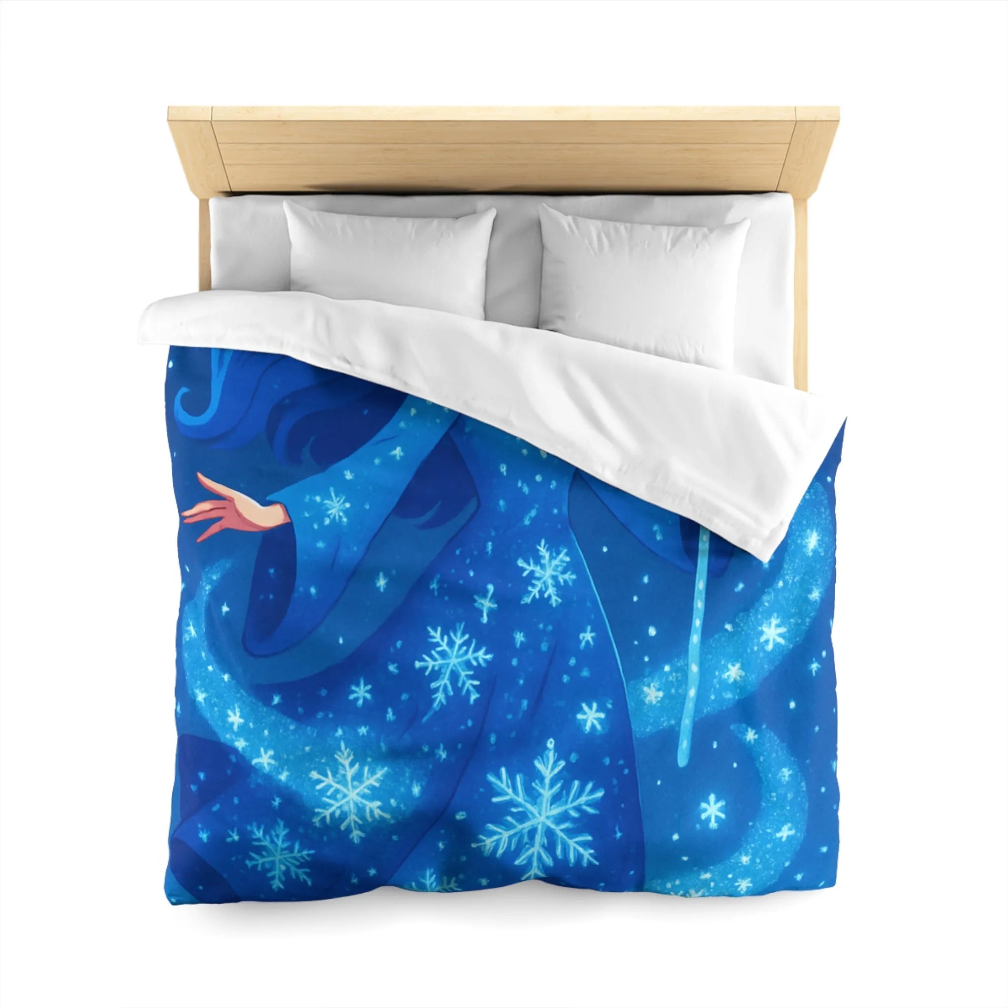 Housse de couette enfantine bleue avec fée magique dans ciel étoilé hivernal