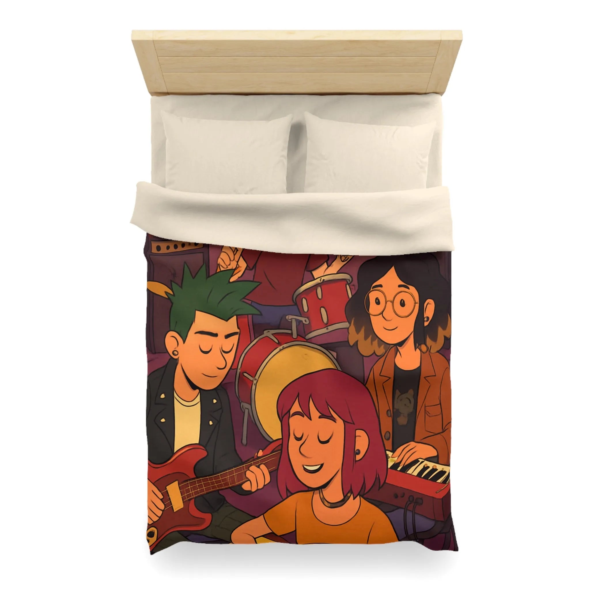 Housse de couette colorée avec jeunes musiciens animés jouant en harmonie joyeuse