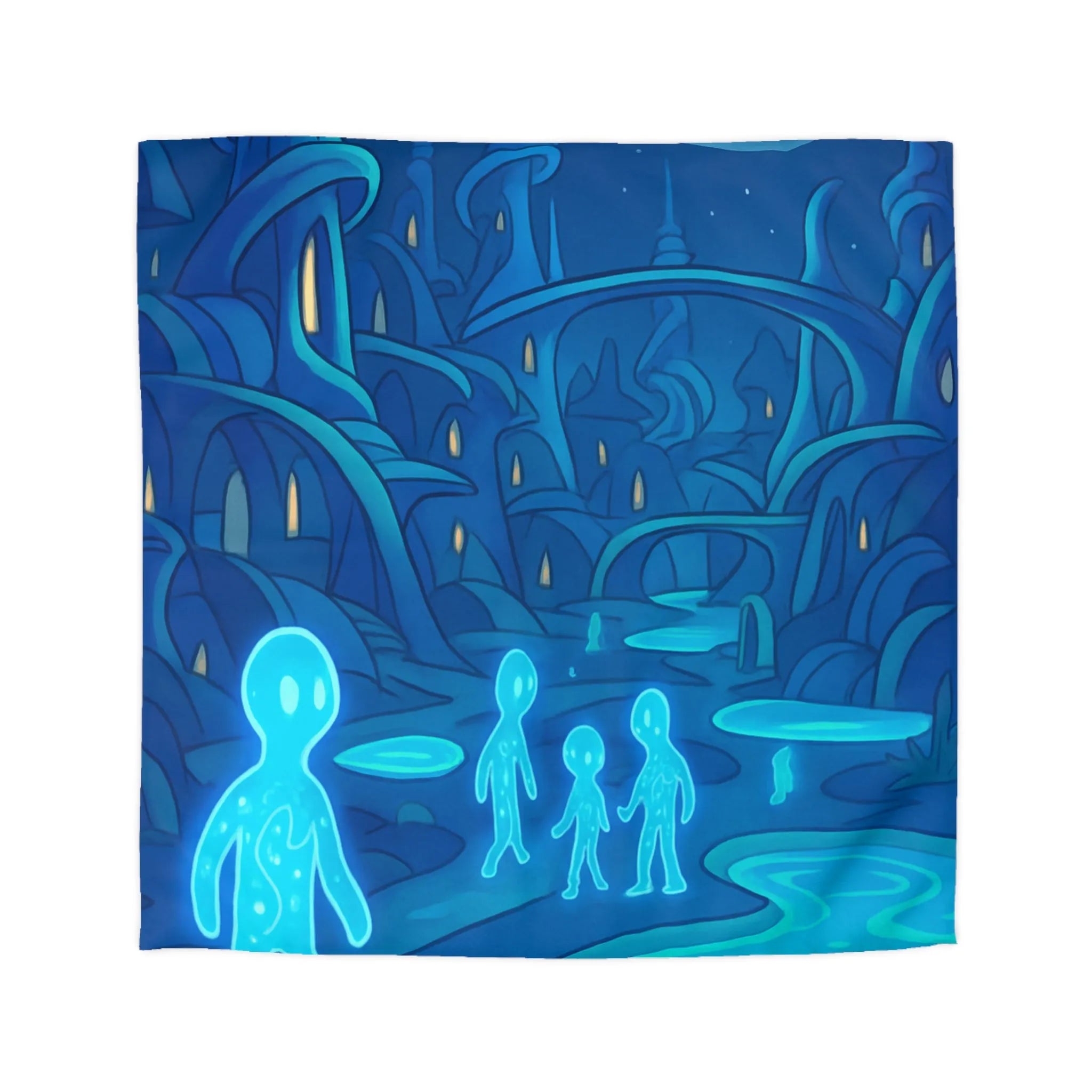 Housse de couette fantastique avec paysage extraterrestre, créatures lumineuses et lune mystique