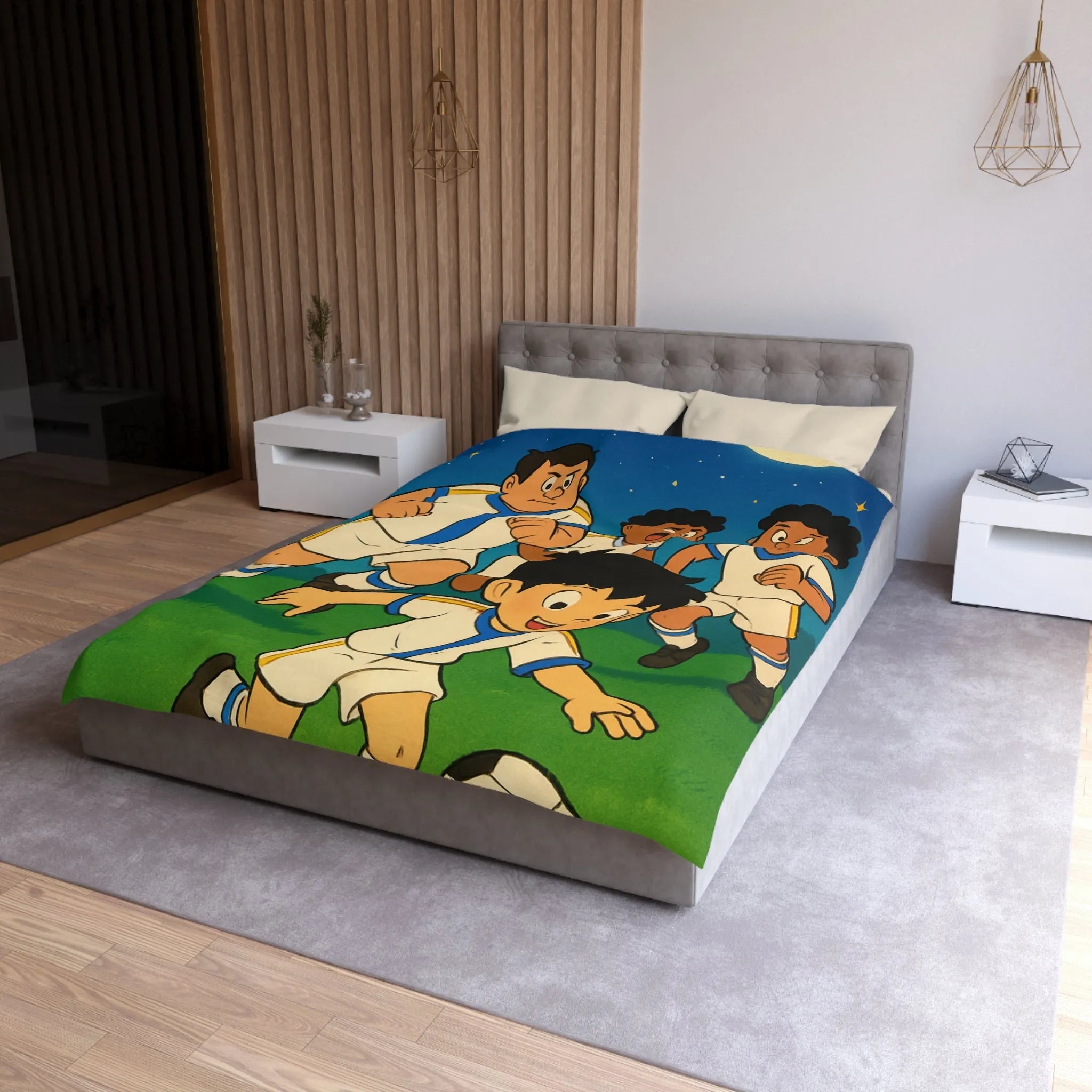 Housse de couette enfant illustrée football garçons jouant sous ciel étoilé nuit