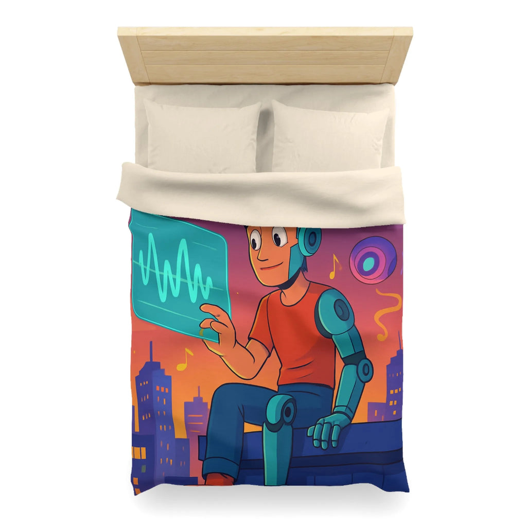 Housse de couette illustrée avec robot et skyline de nuit vibrante et colorée