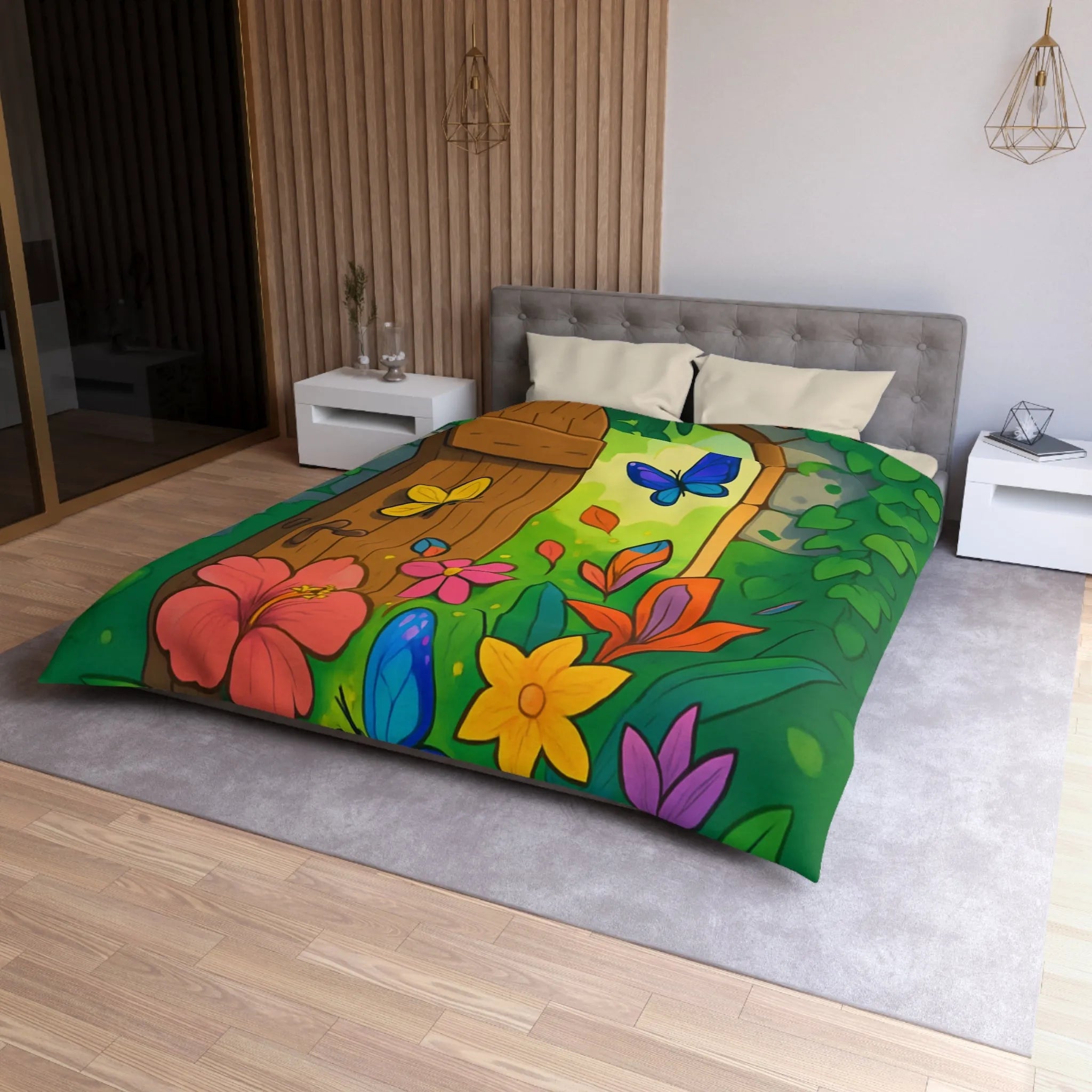 Housse de couette avec papillons colorés et fleurs devant porte de jardin enchanté