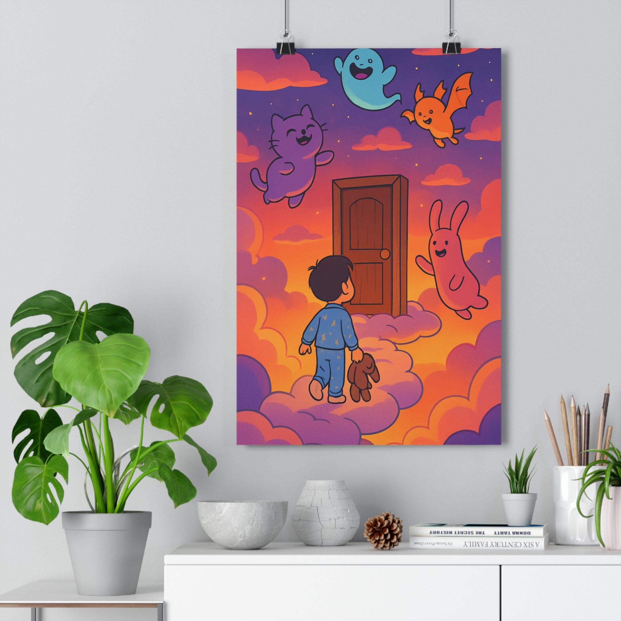 Poster décoratif rêveur pastel enfant chambre fantastique nuages créatures joyeuses cartoon magique pyjama coloré