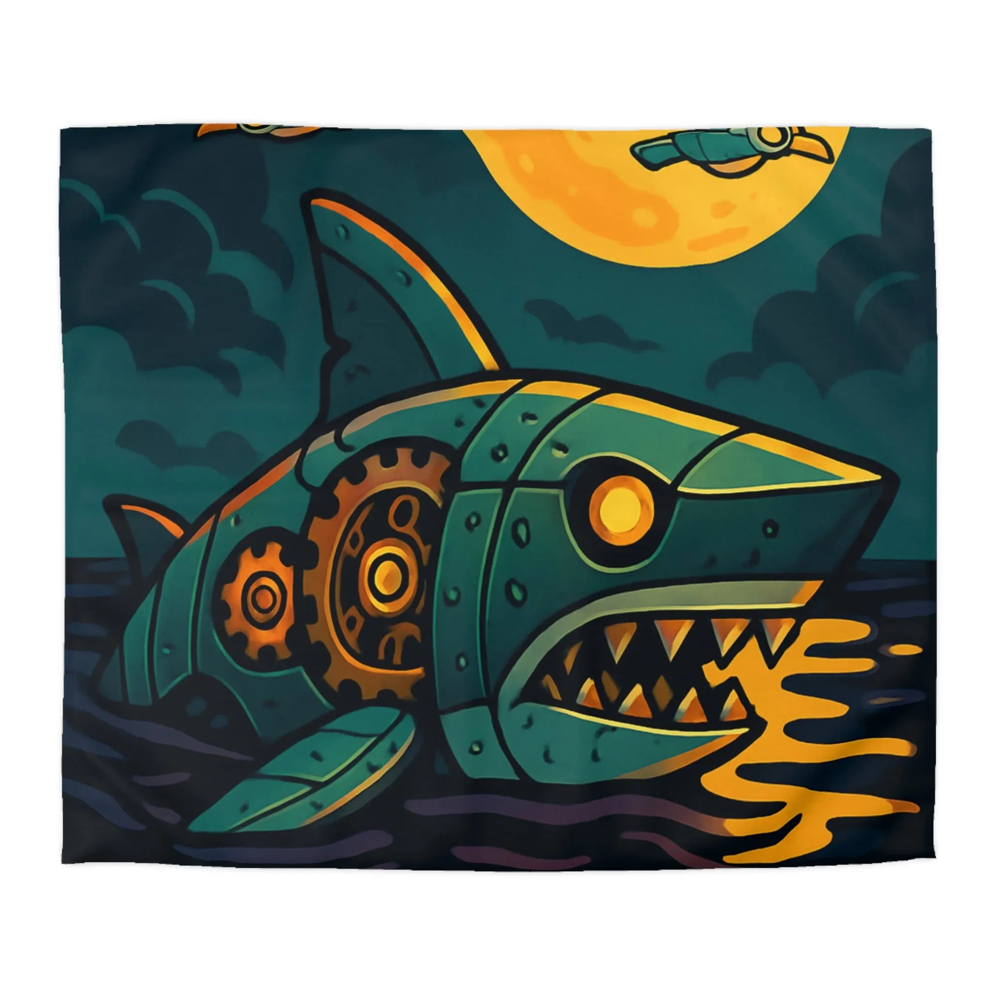 Housse de couette colorée avec requin mécanique sous lune dorée et oiseaux stylisés
