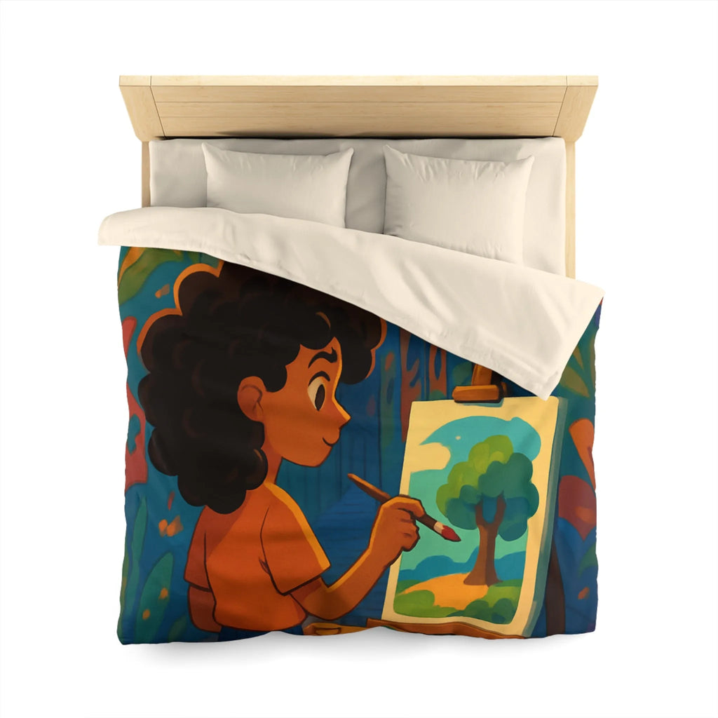 Housse de couette colorée illustrant une ruelle artistique avec peinture et lanterne