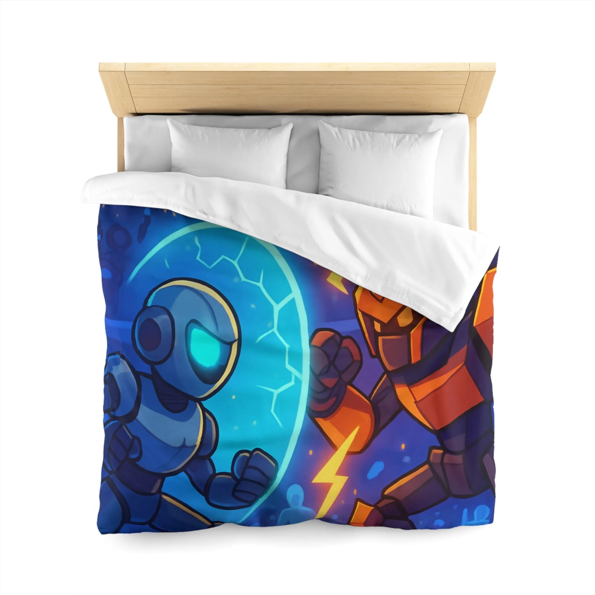 Housse de couette avec robots futuristes en duel, éclairs et énergie dans l'arène