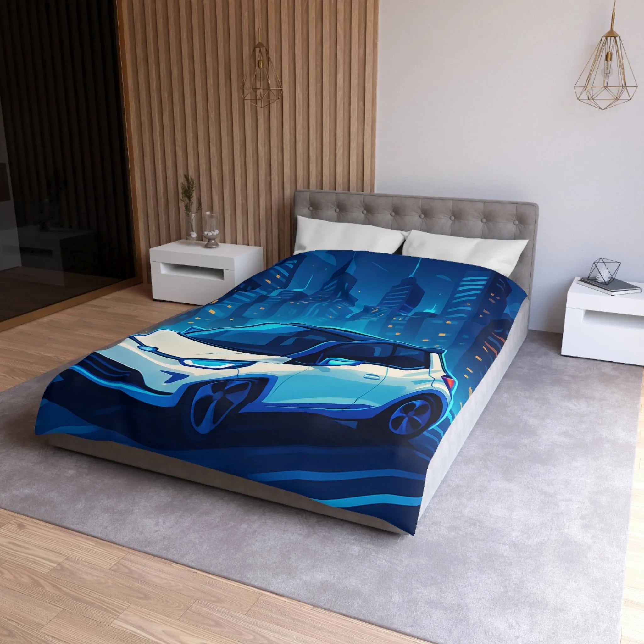 Douce Housse de Couette Bleu Nuit avec Voiture Futuriste et Skyline Lumineuse
