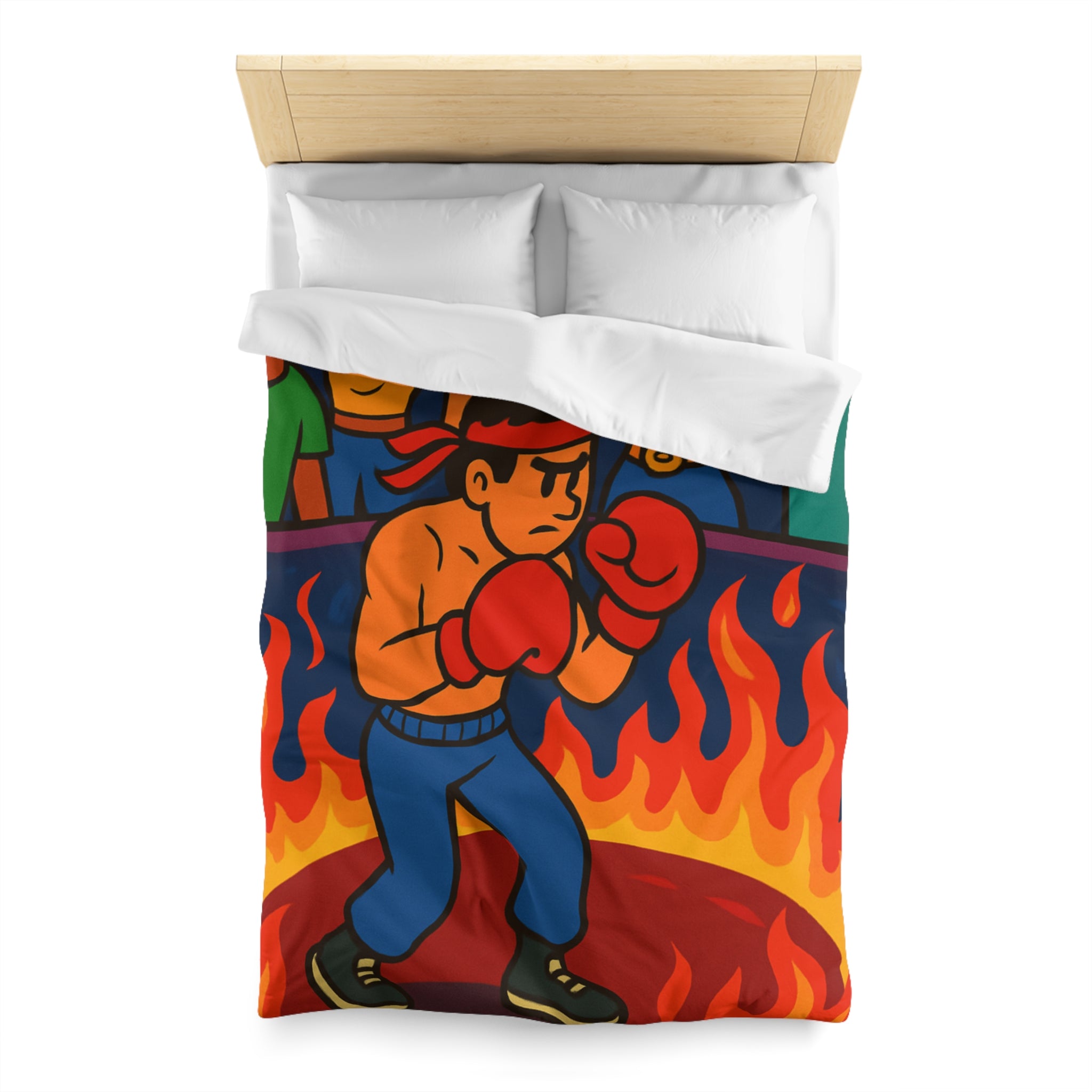 Housse de couette originale avec boxeur entouré de flammes et foule colorée