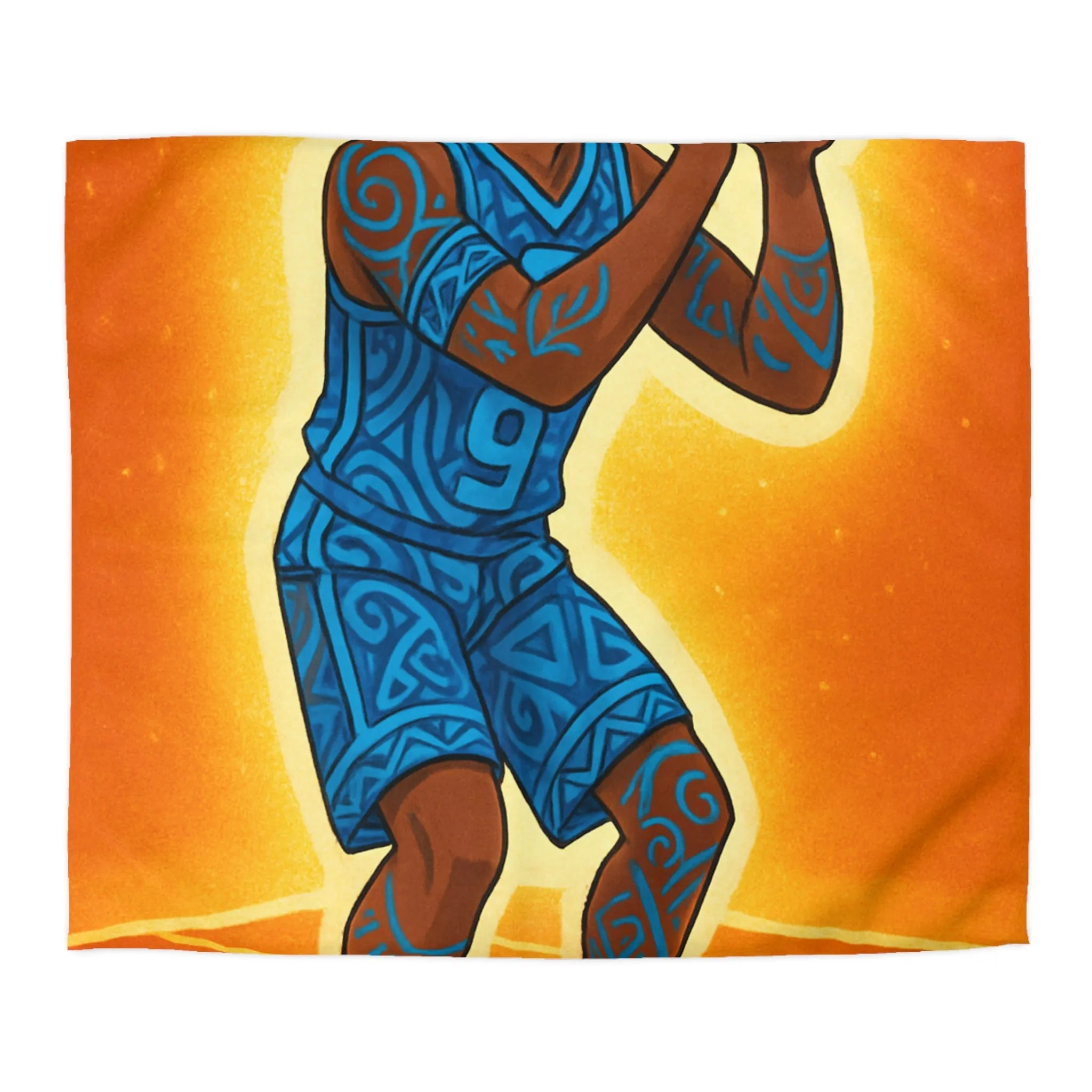 Housse De Couette Avec Joueur De Basketball Graphique En Bleu Sur Fond Orange