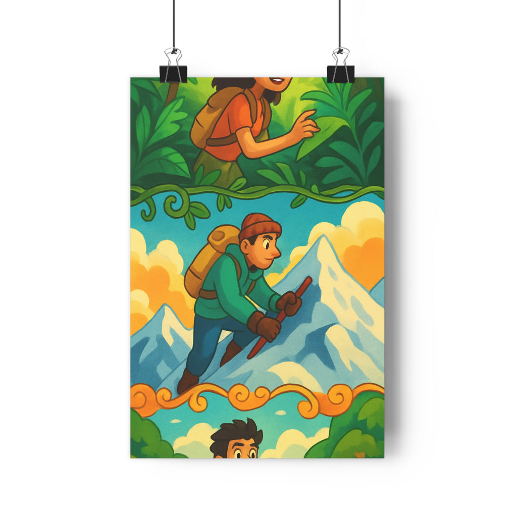 Poster décoratif aventure exploration cartoon vert bleu joyeux chambre salon bureau mural vibrant lumineux