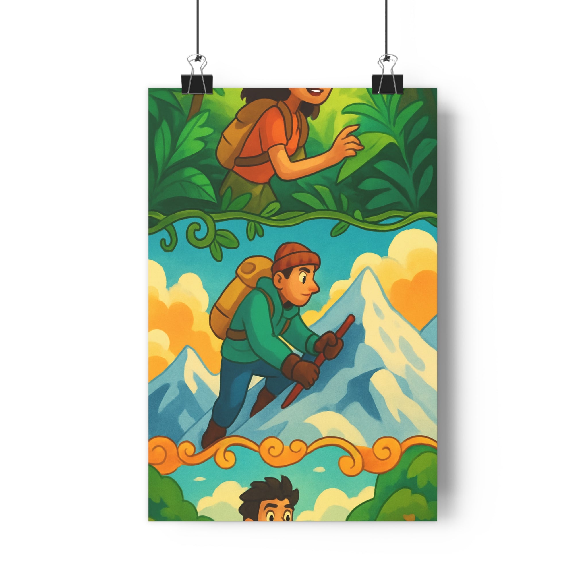 Poster décoratif aventure exploration cartoon vert bleu joyeux chambre salon bureau mural vibrant lumineux