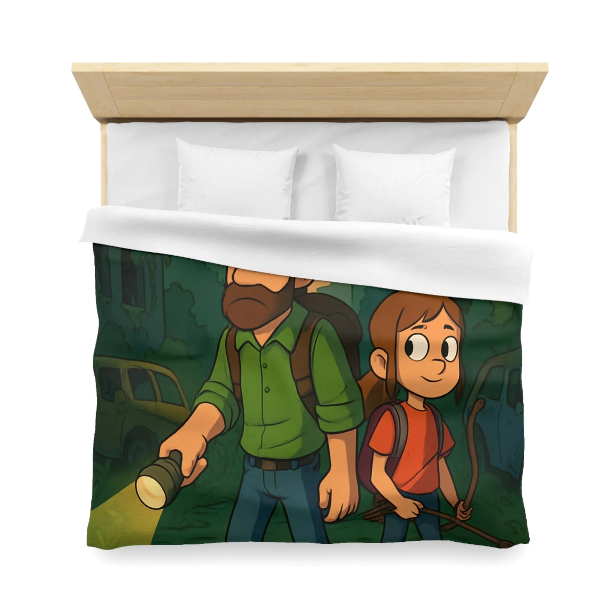 Housse de couette aventure urbaine avec personnages explorant une ville abandonnée la nuit